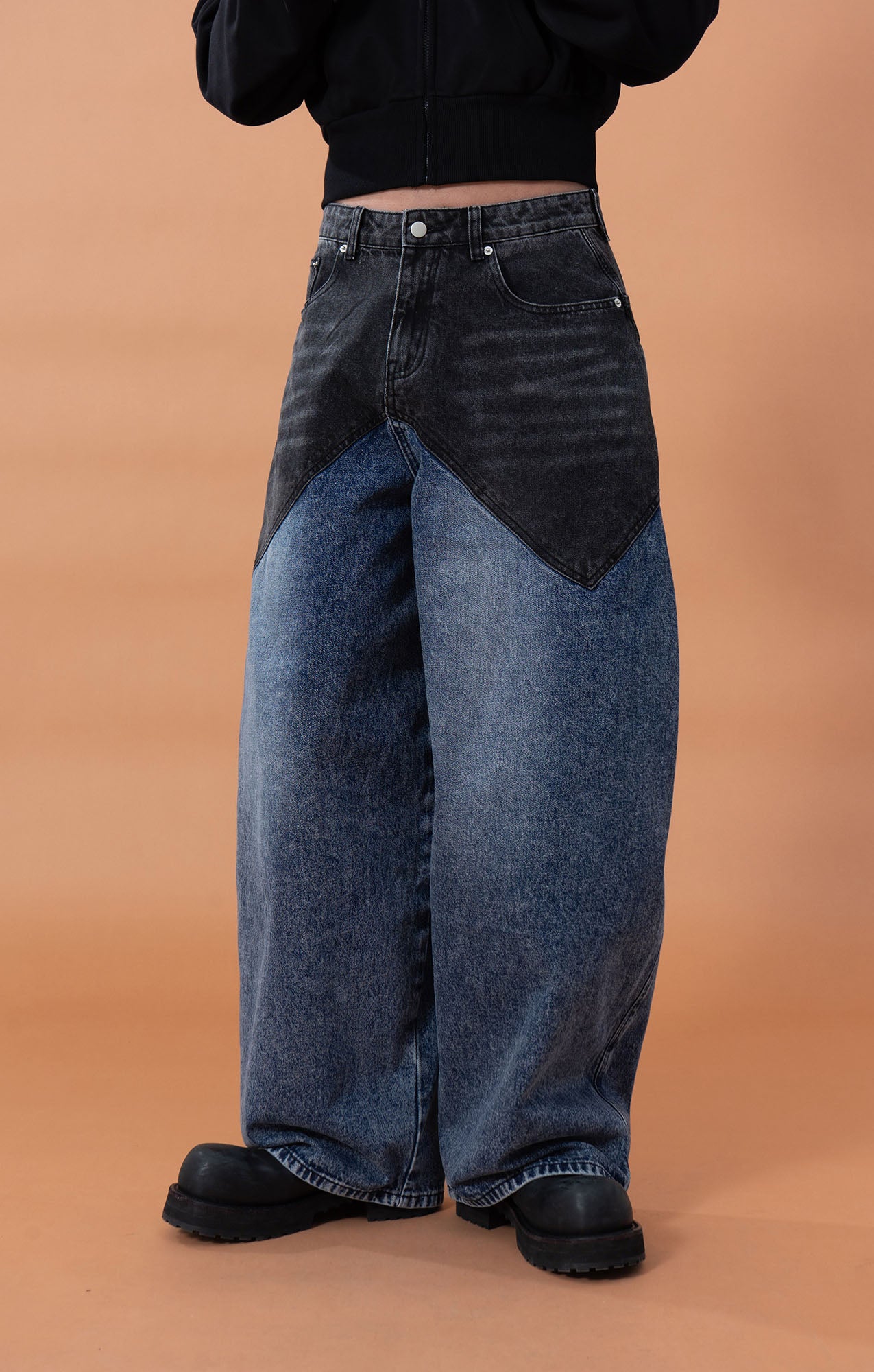 CLP Distressed Contrast-Panel Oversized Jeans, premium urban and streetwear designers apparel on PROJECTISR.com, CLP