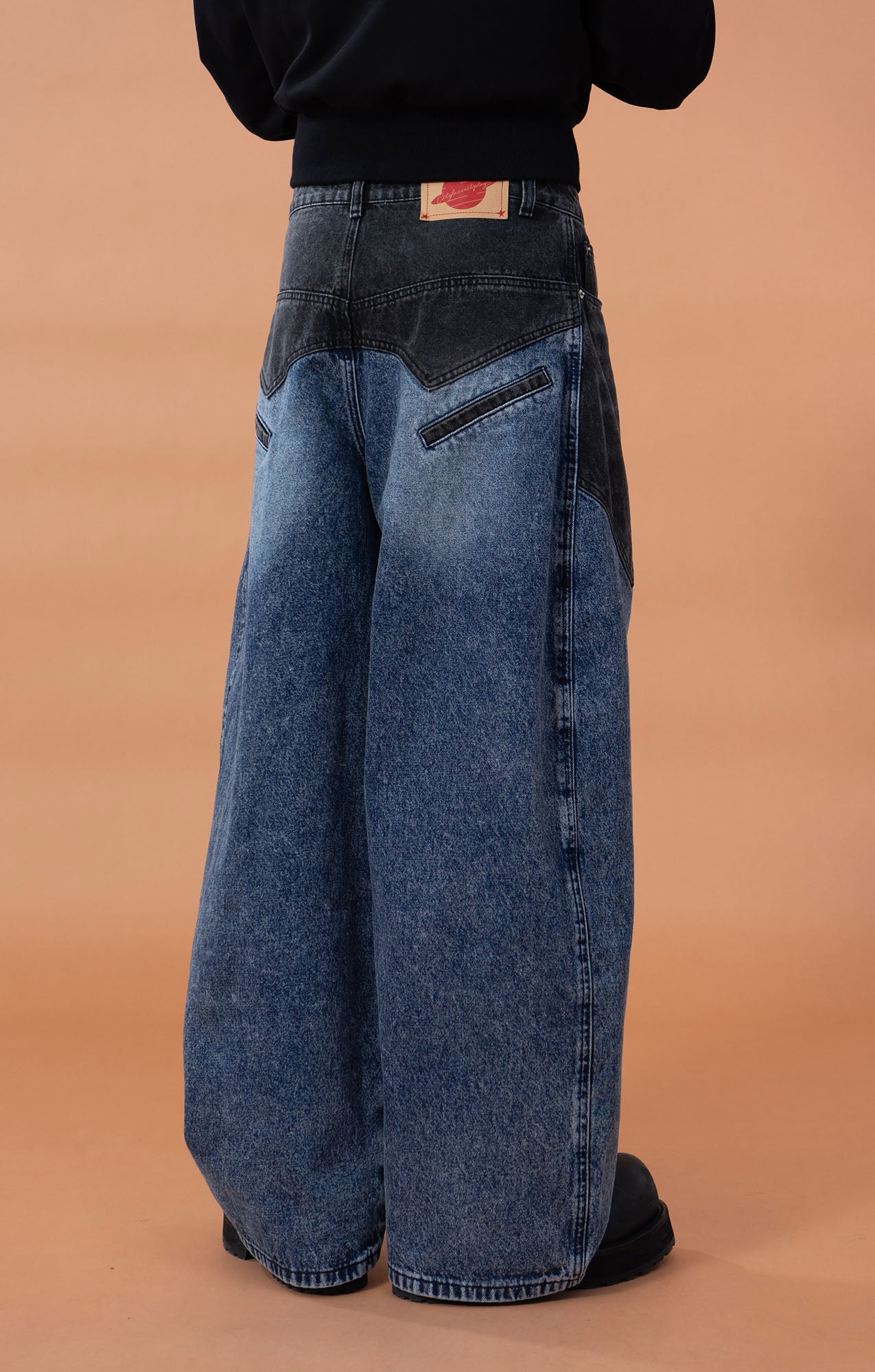 CLP Distressed Contrast-Panel Oversized Jeans, premium urban and streetwear designers apparel on PROJECTISR.com, CLP