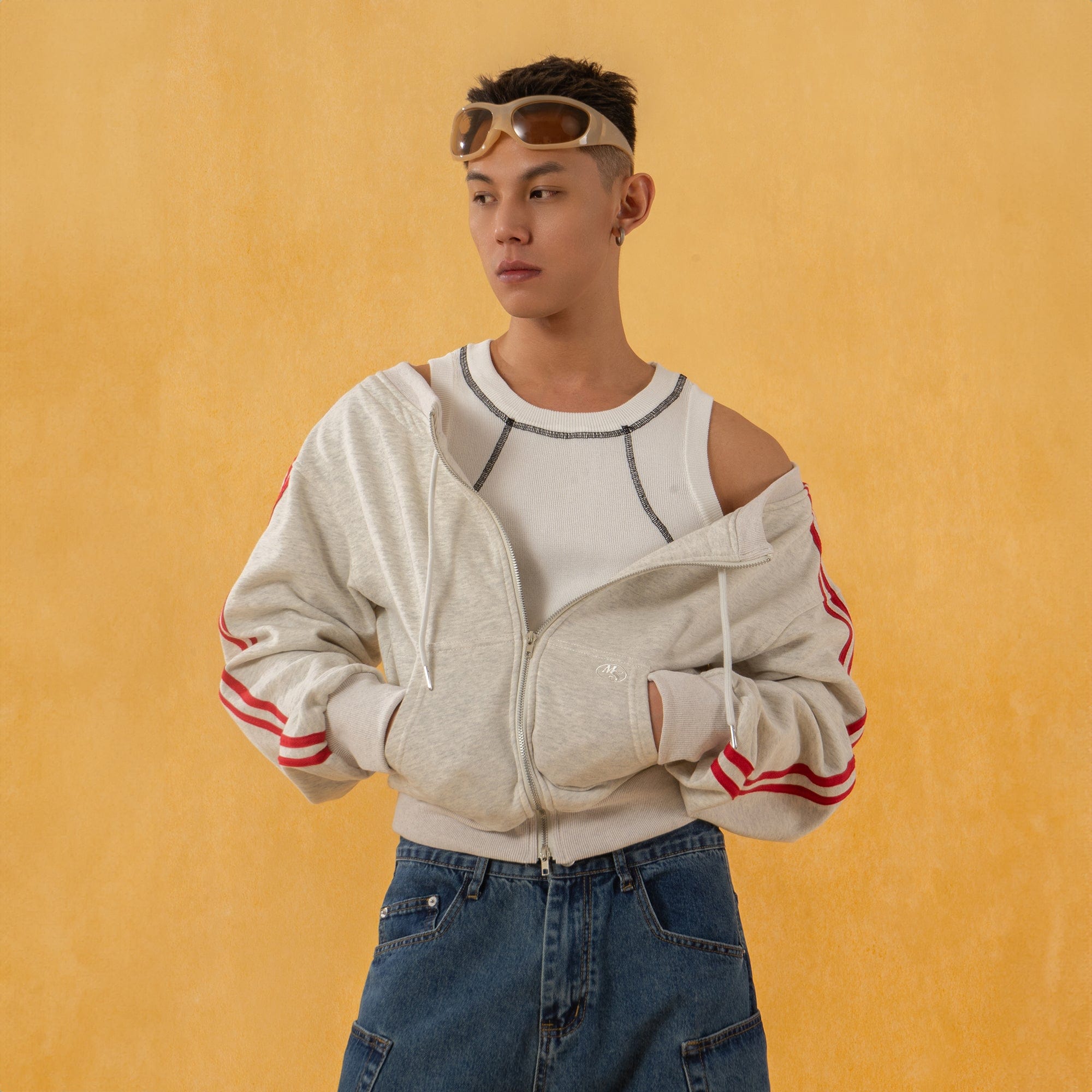 CLP Off-Shoulder Striped Zip-Up Cropped Sweatshirt, premium urban and streetwear designers apparel on PROJECTISR.com, CLP