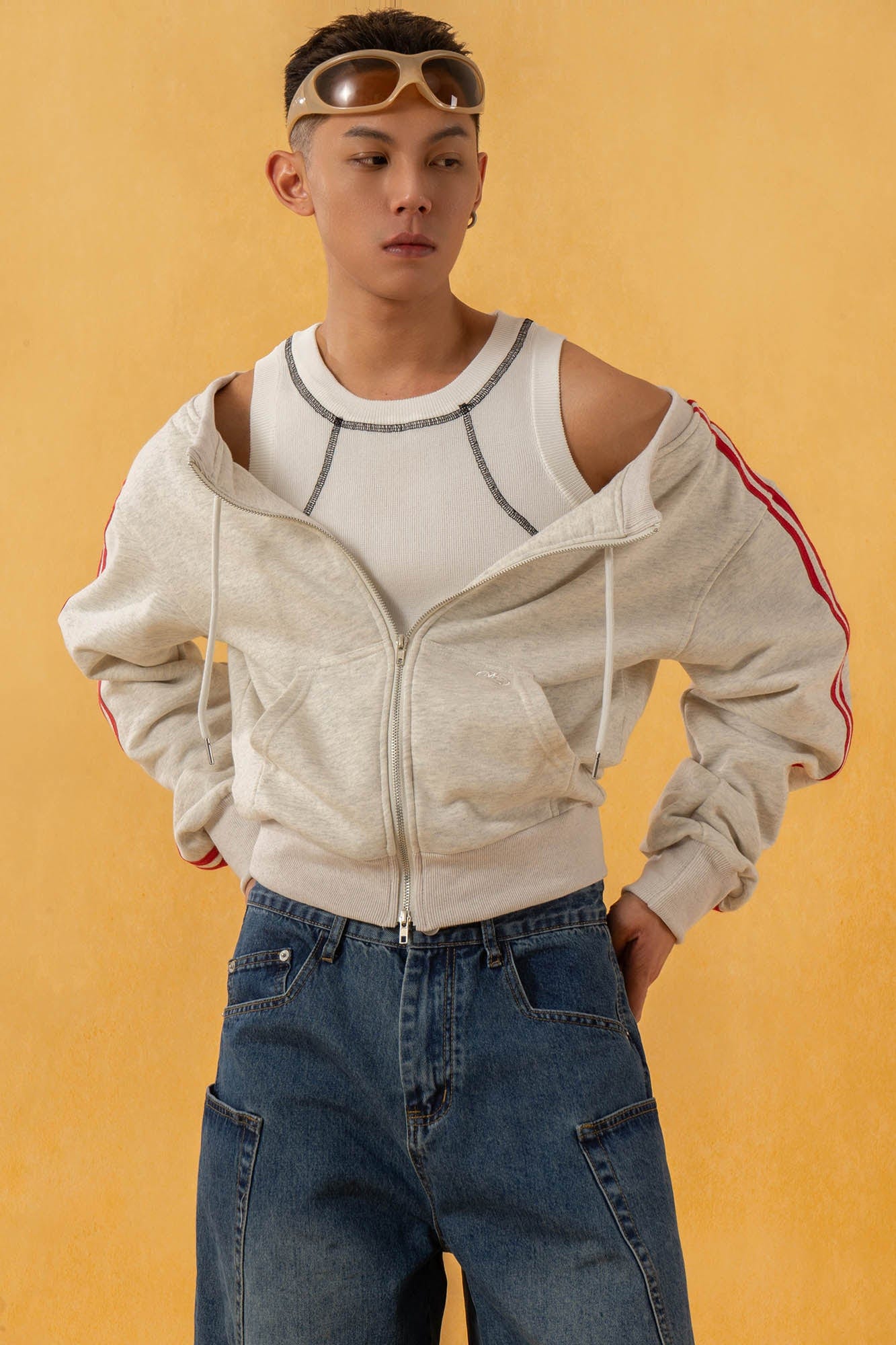 CLP Off-Shoulder Striped Zip-Up Cropped Sweatshirt, premium urban and streetwear designers apparel on PROJECTISR.com, CLP
