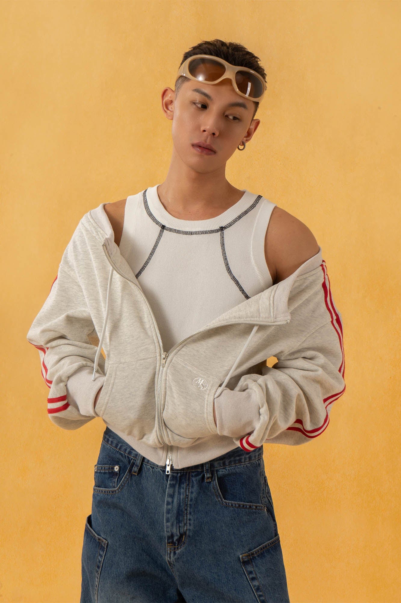 CLP Off-Shoulder Striped Zip-Up Cropped Sweatshirt, premium urban and streetwear designers apparel on PROJECTISR.com, CLP