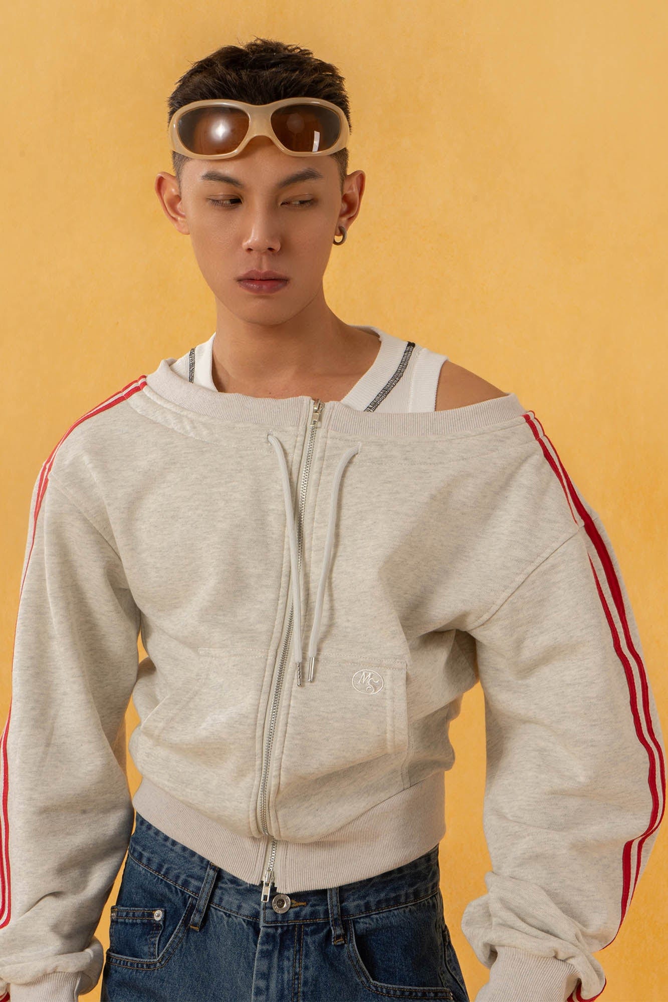 CLP Off-Shoulder Striped Zip-Up Cropped Sweatshirt, premium urban and streetwear designers apparel on PROJECTISR.com, CLP