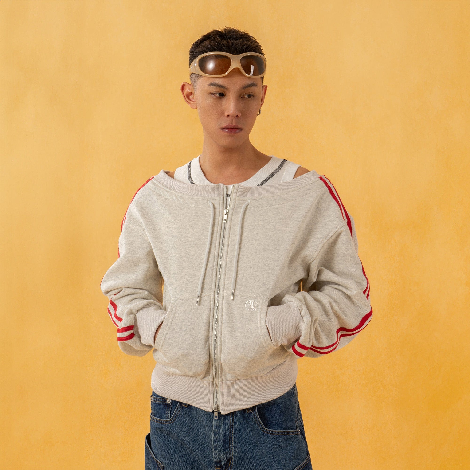CLP Off-Shoulder Striped Zip-Up Cropped Sweatshirt, premium urban and streetwear designers apparel on PROJECTISR.com, CLP
