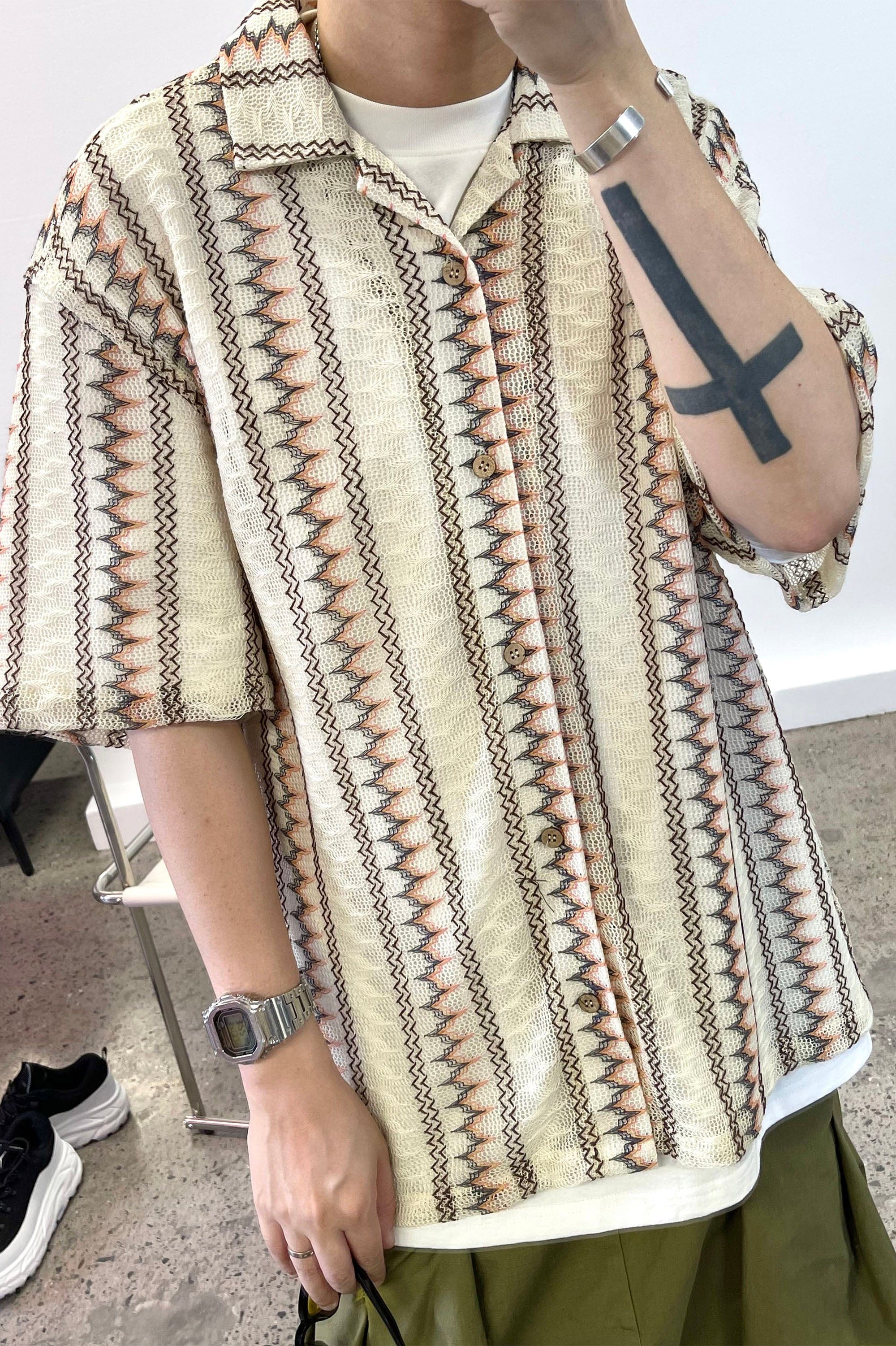 ME DA IGUAL Geometric Ripple Crochet Half Shirt, premium urban and streetwear designers apparel on PROJECTISR.com, ME DA IGUAL
