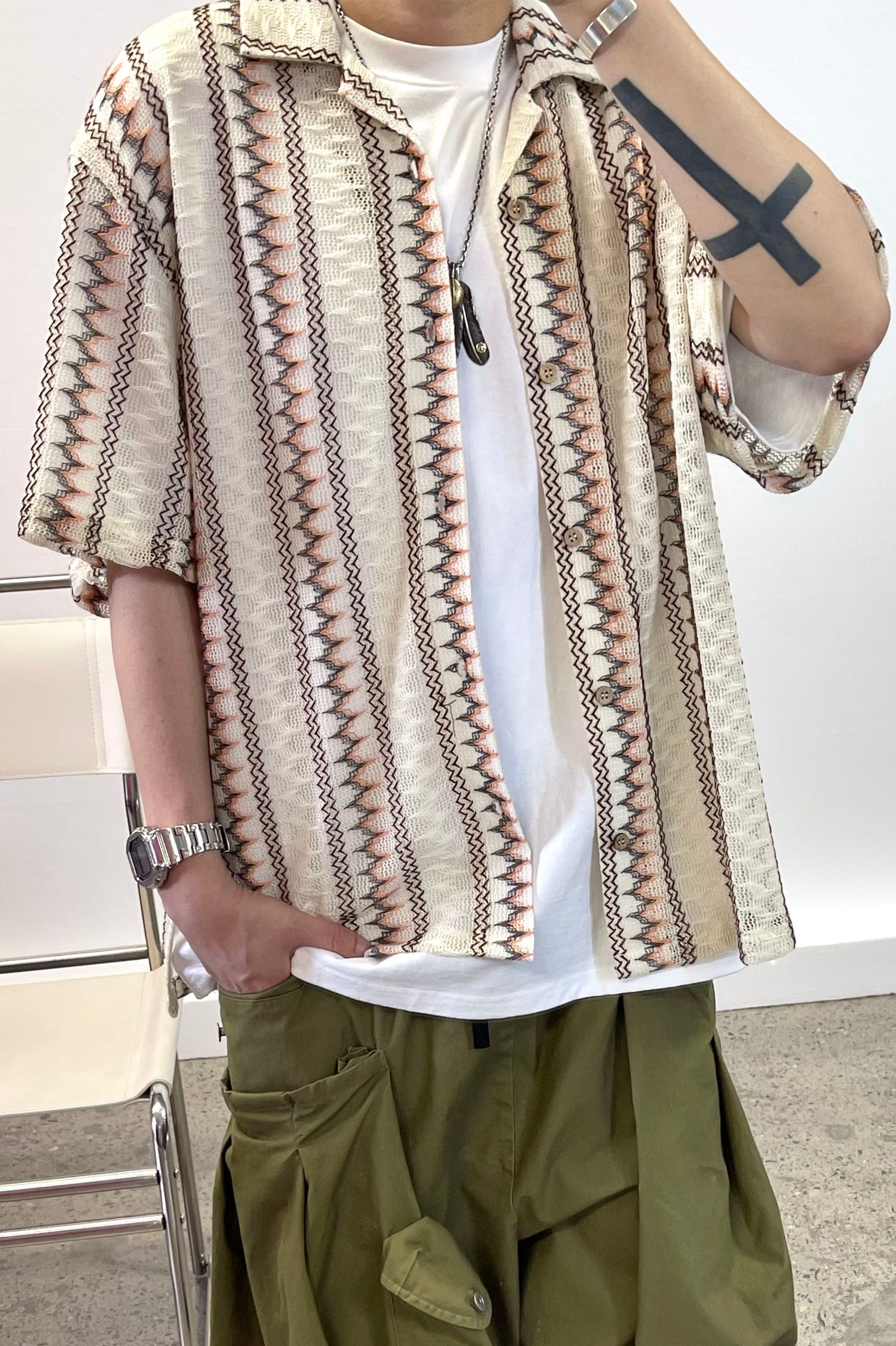 ME DA IGUAL Geometric Ripple Crochet Half Shirt, premium urban and streetwear designers apparel on PROJECTISR.com, ME DA IGUAL