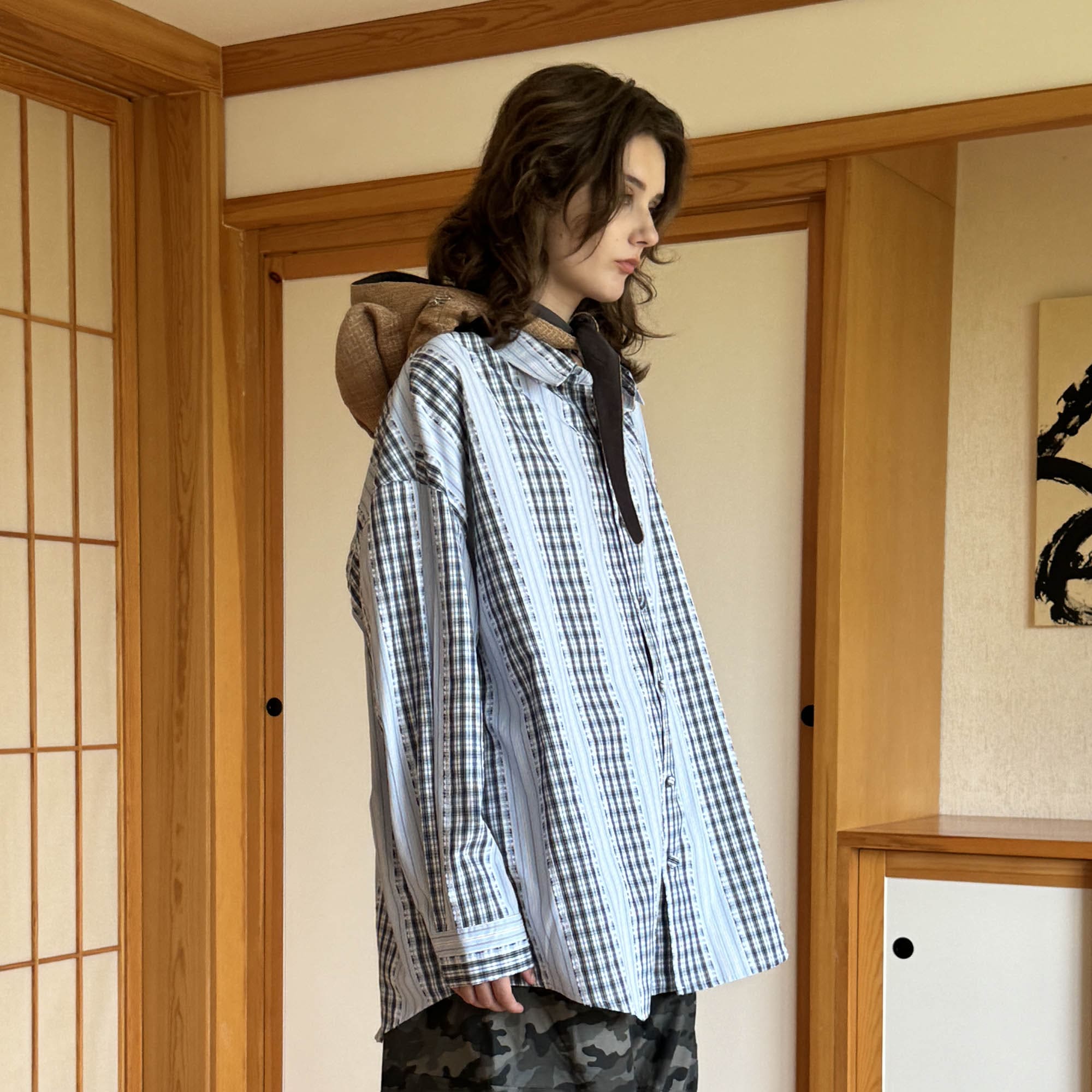 MIICHOUS Time Travel Company Headphone Hood Striped Shirt, premium urban and streetwear designers apparel on PROJECTISR.com, Miichous