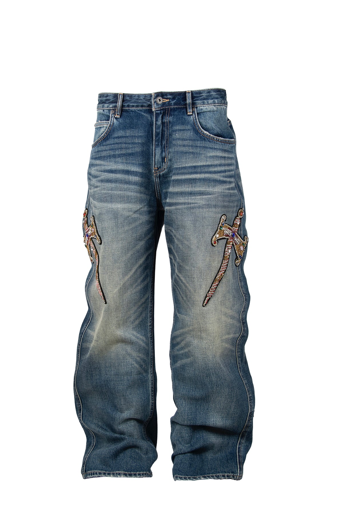 ZWDH Rhinestone Blade Embroidered Washed Straight-Leg Jeans