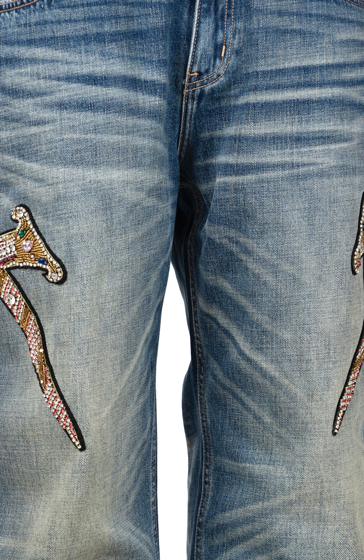 ZWDH Rhinestone Blade Embroidered Washed Straight-Leg Jeans