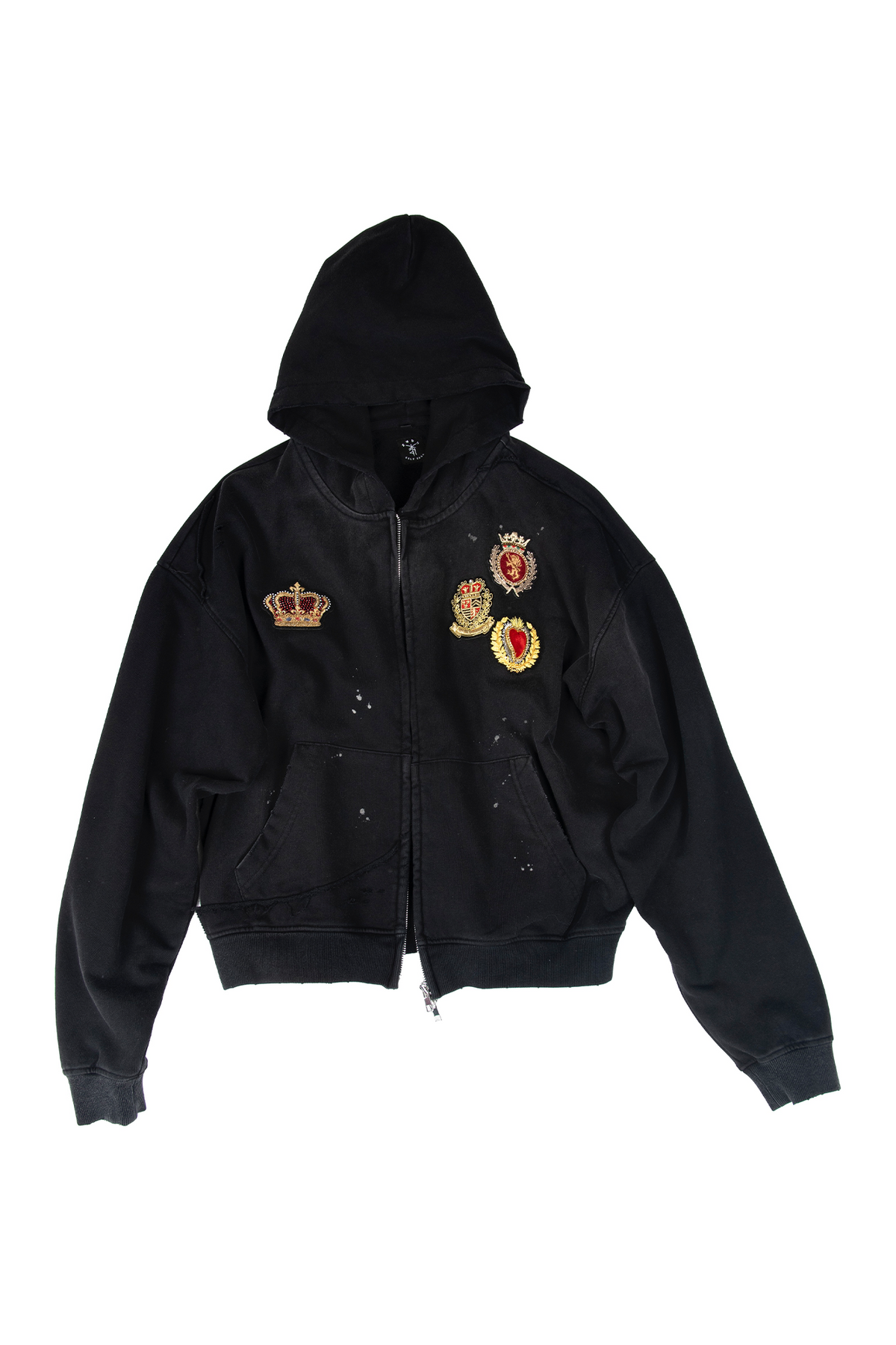 ZWDH Paint-Splattered Embroidered Badge Washed Hooded Jacket