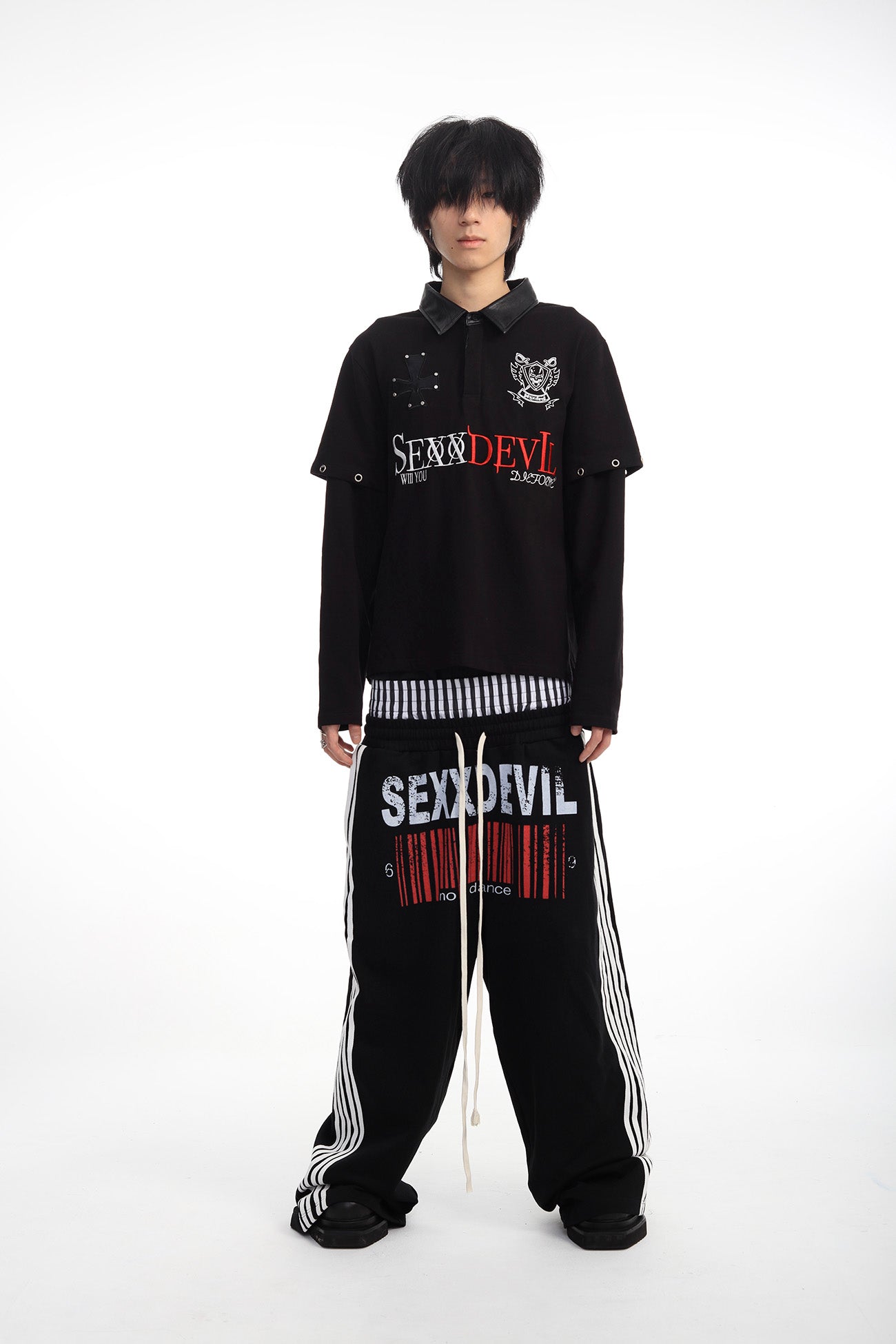 SEXXDEVIL Striped Embroidered Paint-Splattered Sweatpants