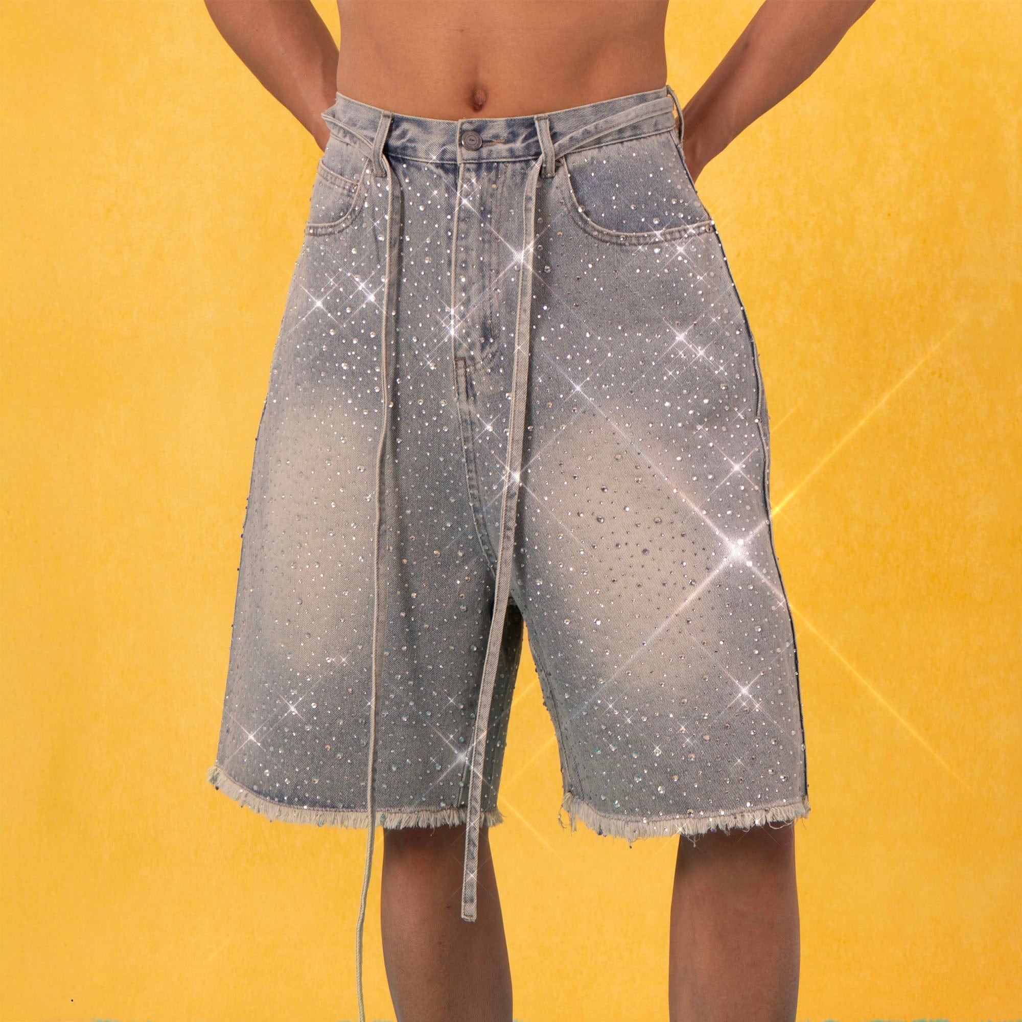 CLP Diamond Fringe Strap Belt Denim Shorts Blue