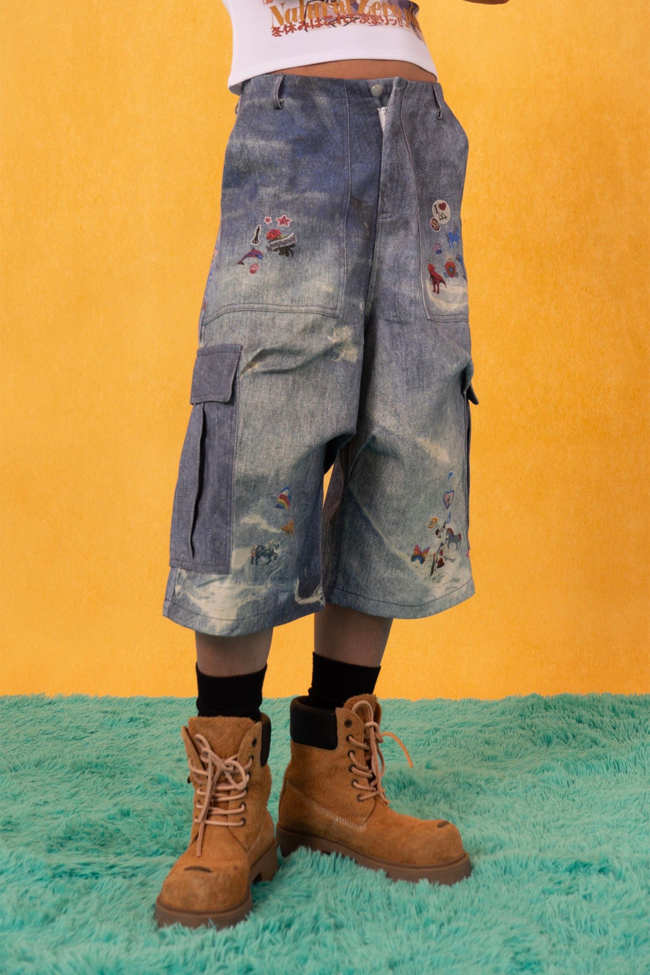 CLP Whimsical Distressed Stickers Cargo Denim Shorts, premium urban and streetwear designers apparel on PROJECTISR.com, CLP