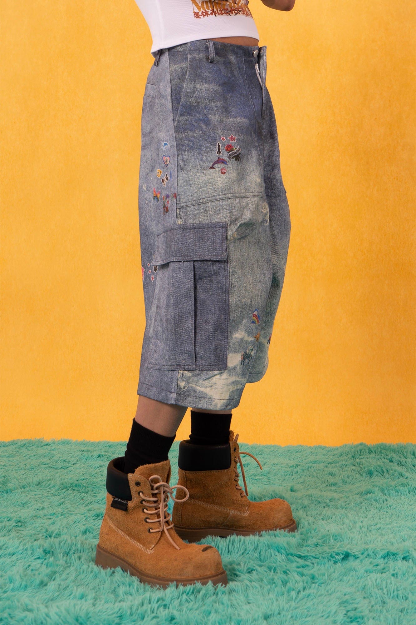 CLP Whimsical Distressed Stickers Cargo Denim Shorts, premium urban and streetwear designers apparel on PROJECTISR.com, CLP
