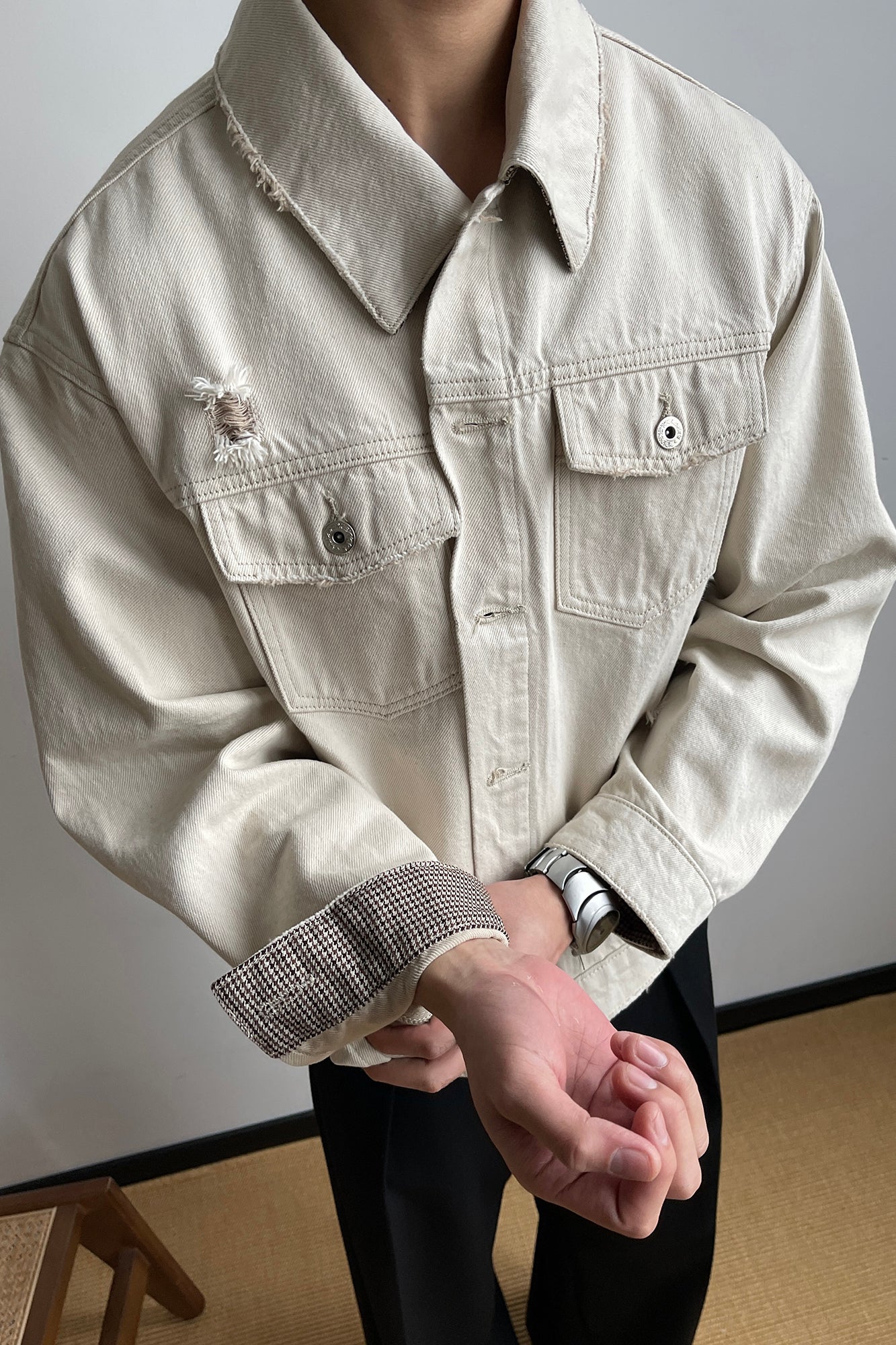 OKAYTHXBYE Distressed Houndstooth-Lined Frayed Jacket, premium urban and streetwear designers apparel on PROJECTISR.com, OKAYTHXBYE
