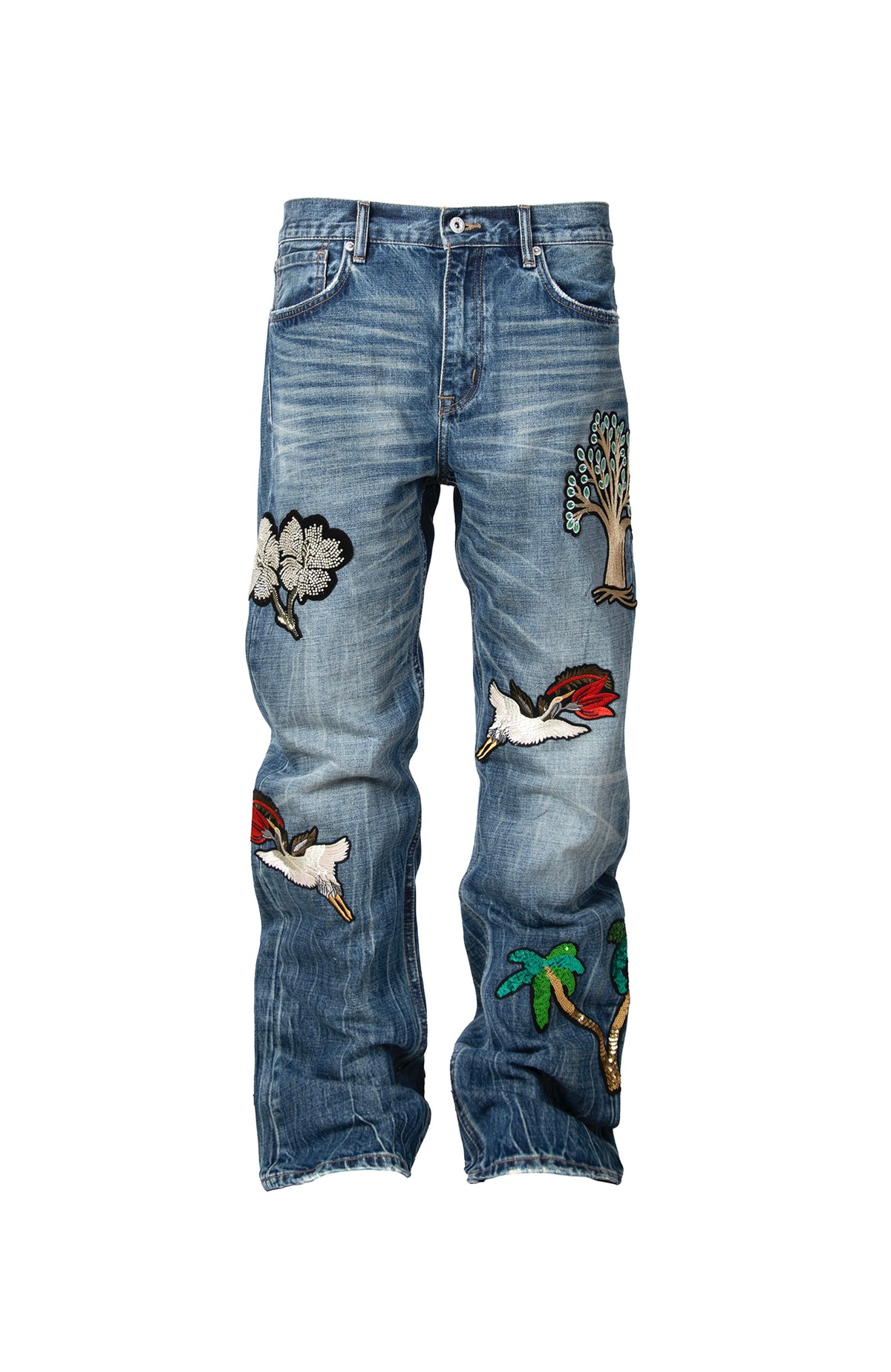 ZWDH Embroidered Washed Crinkled Straight-Leg Jeans