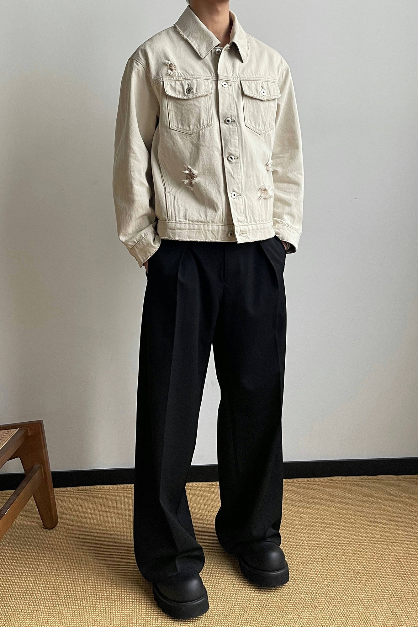 OKAYTHXBYE Distressed Houndstooth-Lined Frayed Jacket, premium urban and streetwear designers apparel on PROJECTISR.com, OKAYTHXBYE