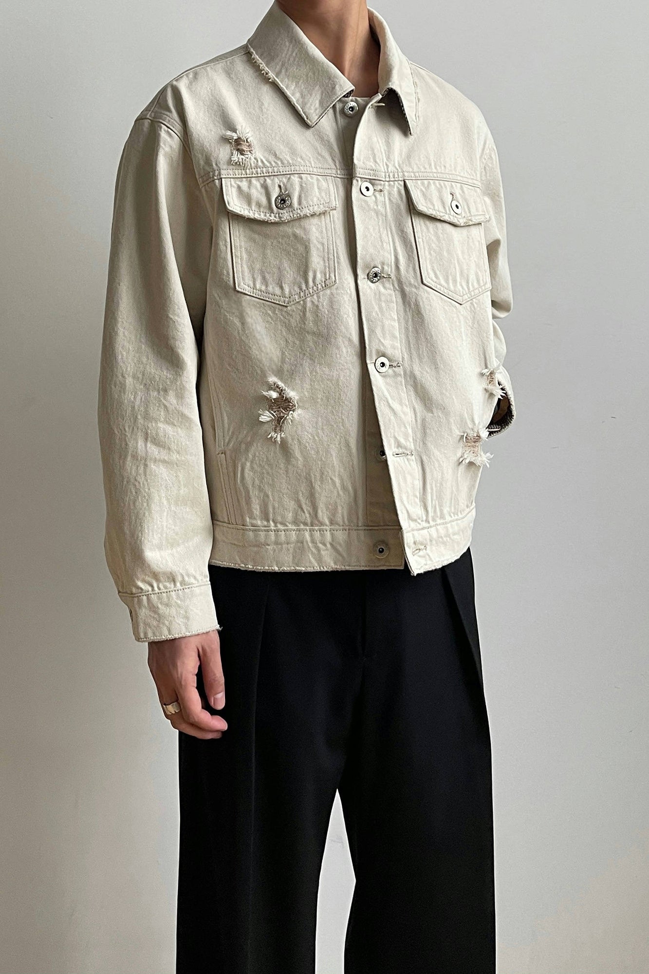 OKAYTHXBYE Distressed Houndstooth-Lined Frayed Jacket, premium urban and streetwear designers apparel on PROJECTISR.com, OKAYTHXBYE