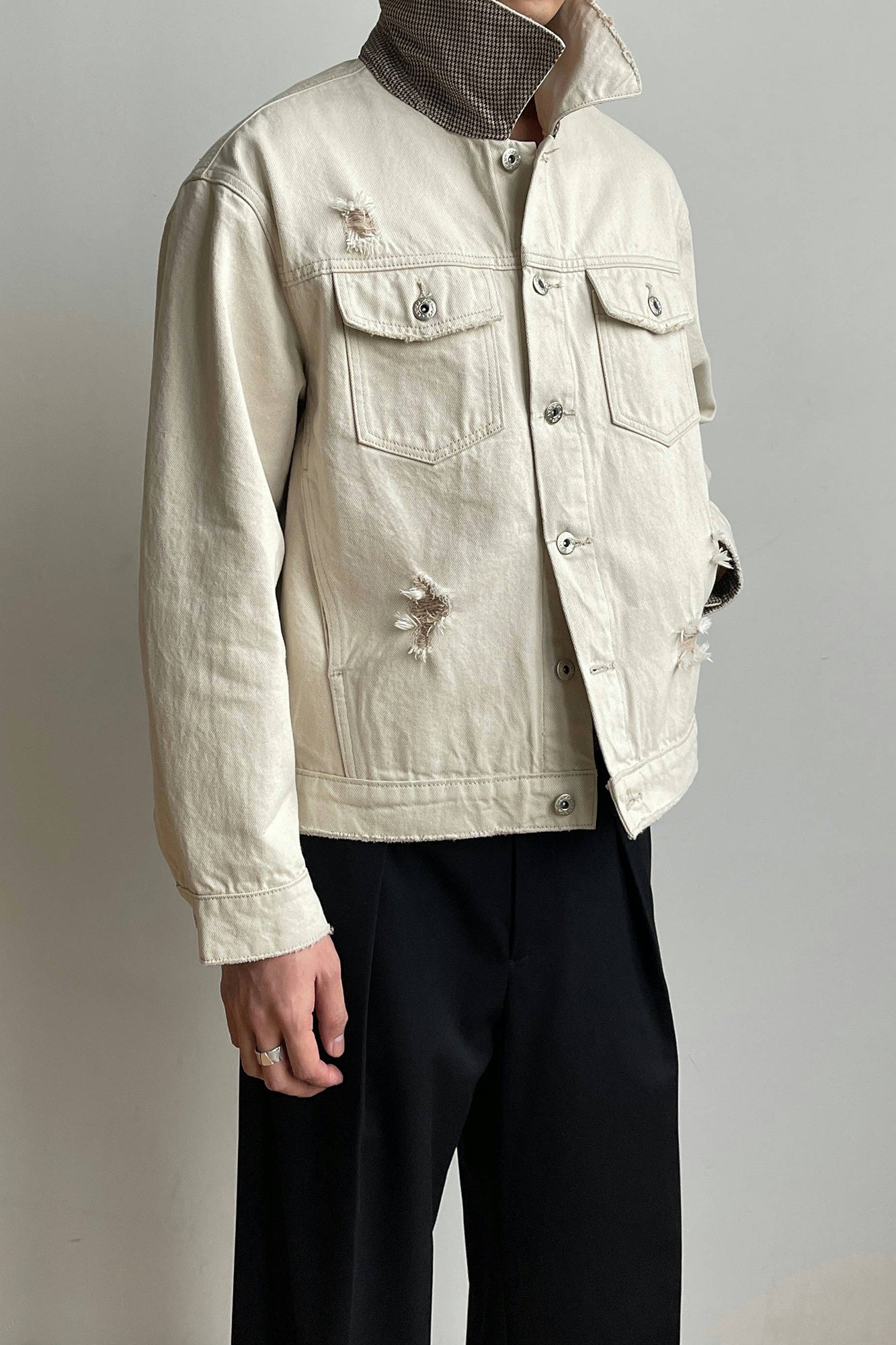 OKAYTHXBYE Distressed Houndstooth-Lined Frayed Jacket, premium urban and streetwear designers apparel on PROJECTISR.com, OKAYTHXBYE