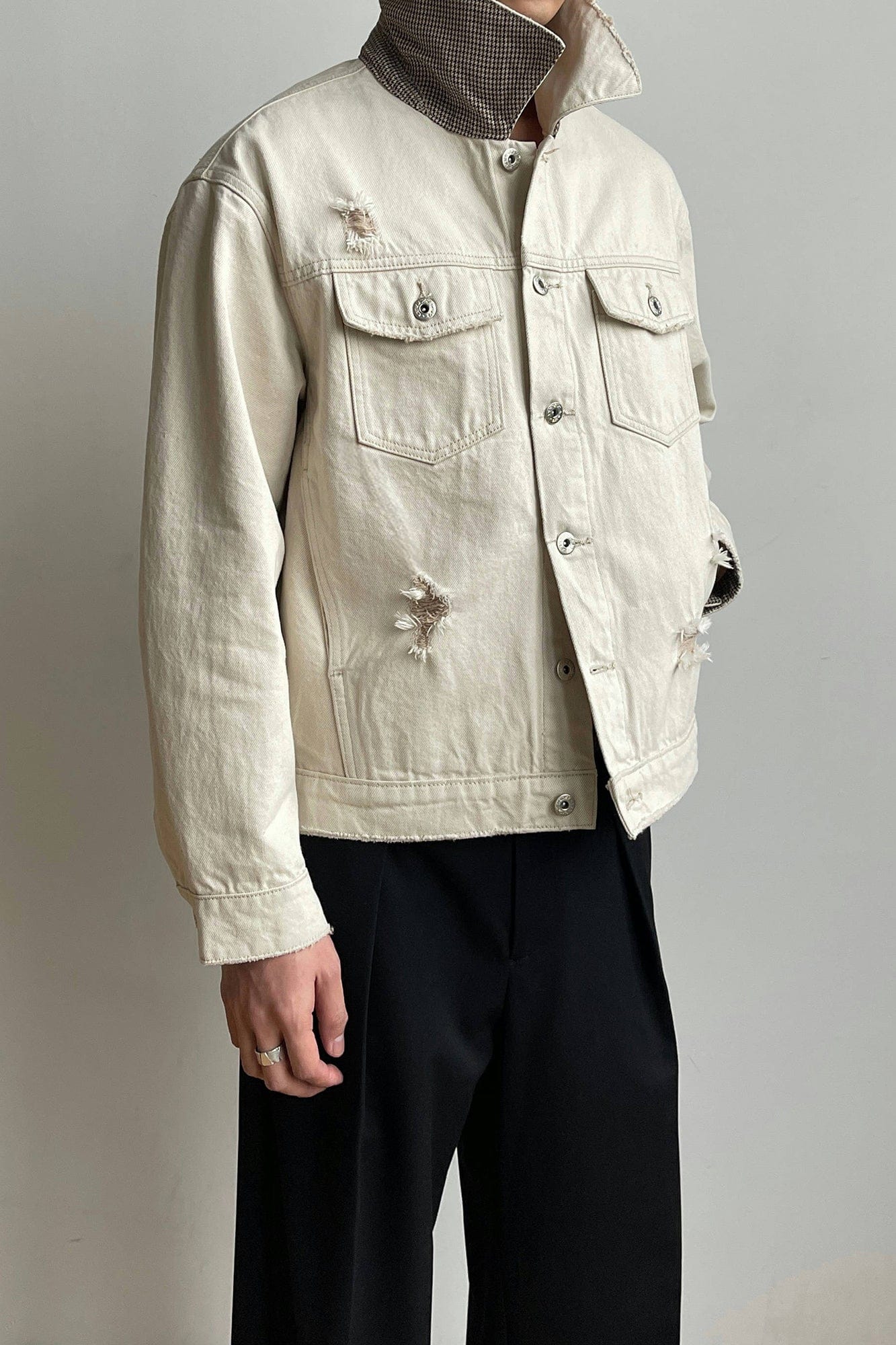 OKAYTHXBYE Distressed Houndstooth-Lined Frayed Jacket, premium urban and streetwear designers apparel on PROJECTISR.com, OKAYTHXBYE