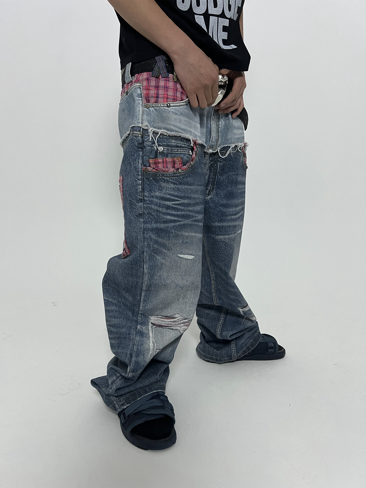 TECNINEGROUP Washed Plaid Paneled Double-Waist Jeans
