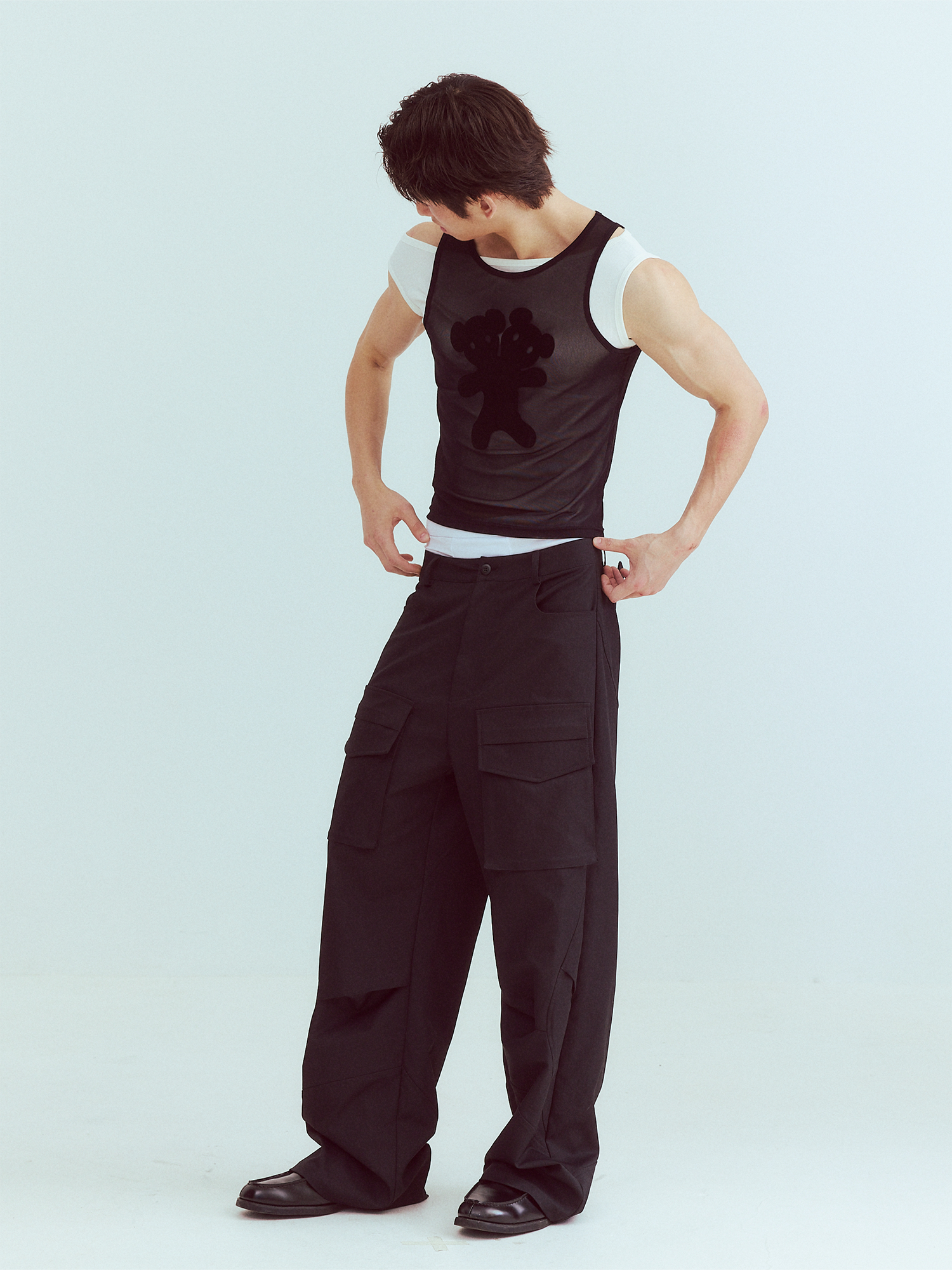 KADAKADA Flocked Bear Mesh One-Shoulder Ribbed Tank Set, premium urban and streetwear designers apparel on PROJECTISR.com, KADAKADA