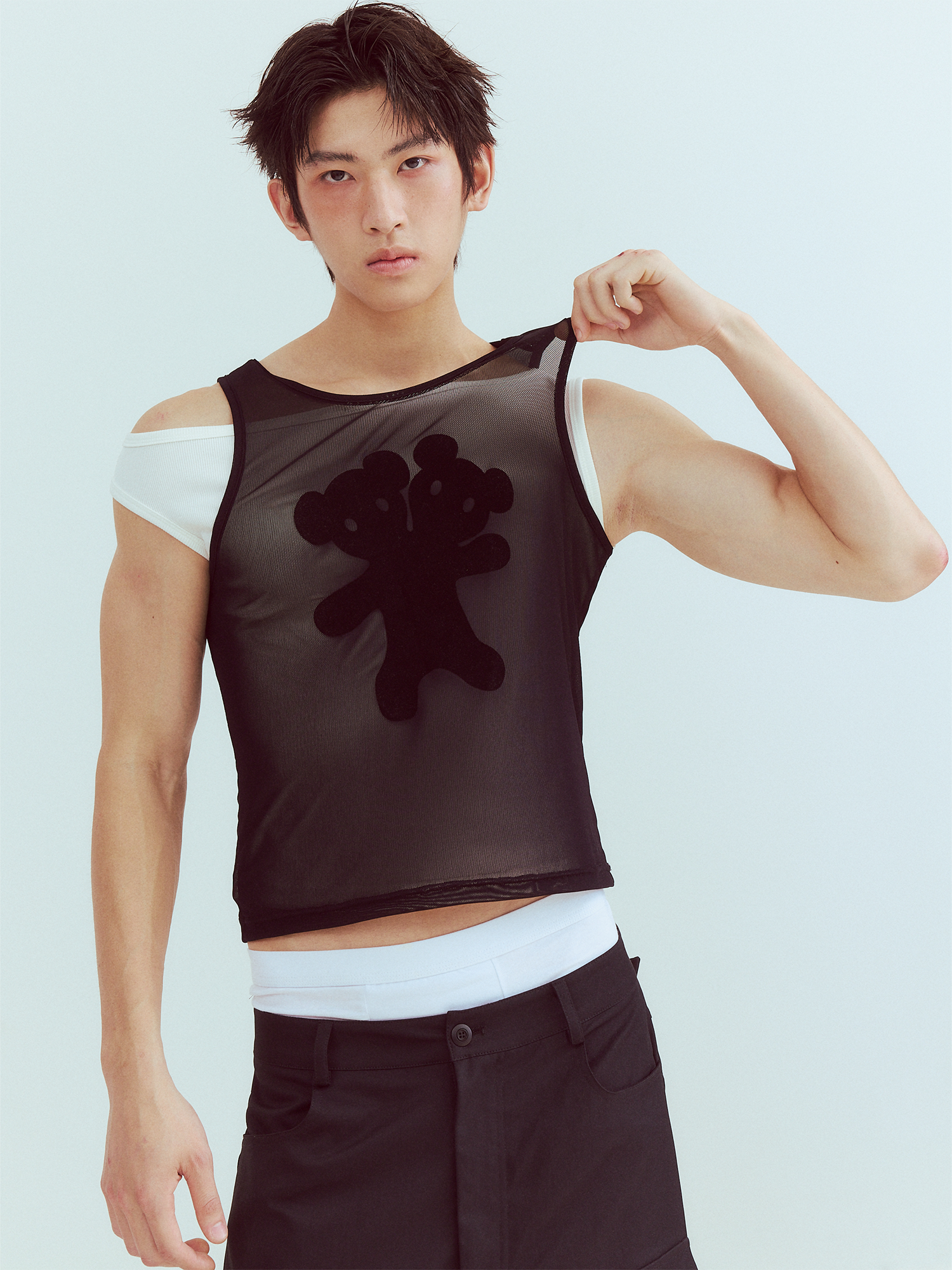 KADAKADA Flocked Bear Mesh One-Shoulder Ribbed Tank Set, premium urban and streetwear designers apparel on PROJECTISR.com, KADAKADA