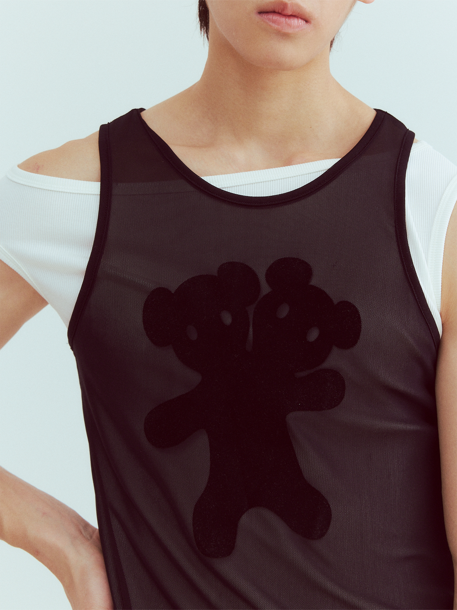 KADAKADA Flocked Bear Mesh One-Shoulder Ribbed Tank Set, premium urban and streetwear designers apparel on PROJECTISR.com, KADAKADA