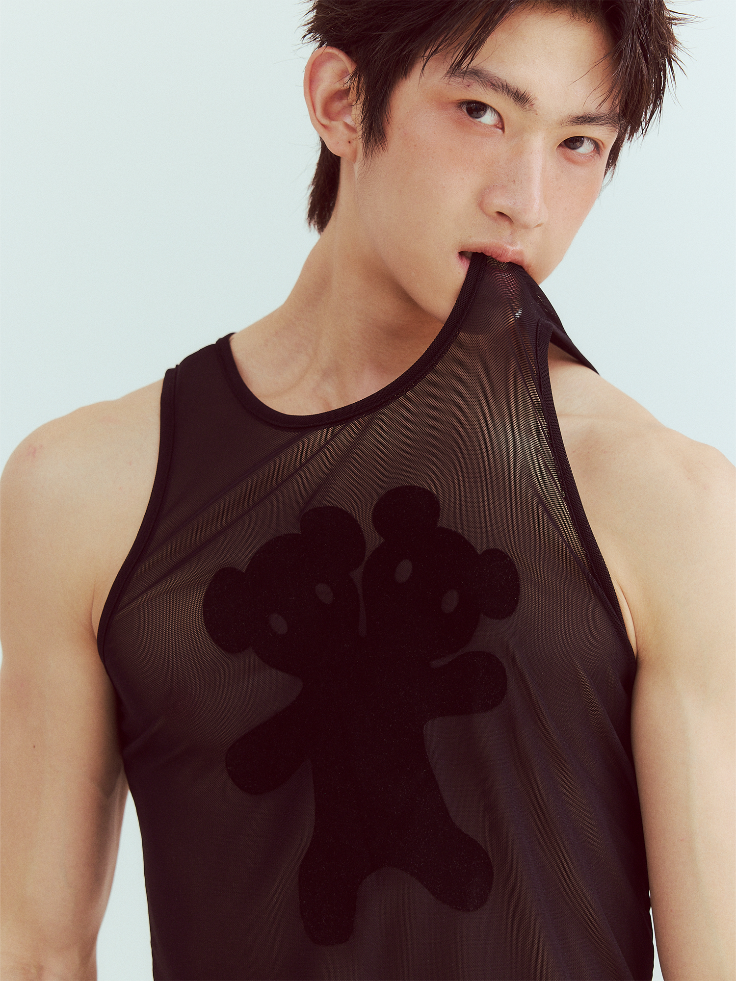 KADAKADA Flocked Bear Mesh One-Shoulder Ribbed Tank Set, premium urban and streetwear designers apparel on PROJECTISR.com, KADAKADA