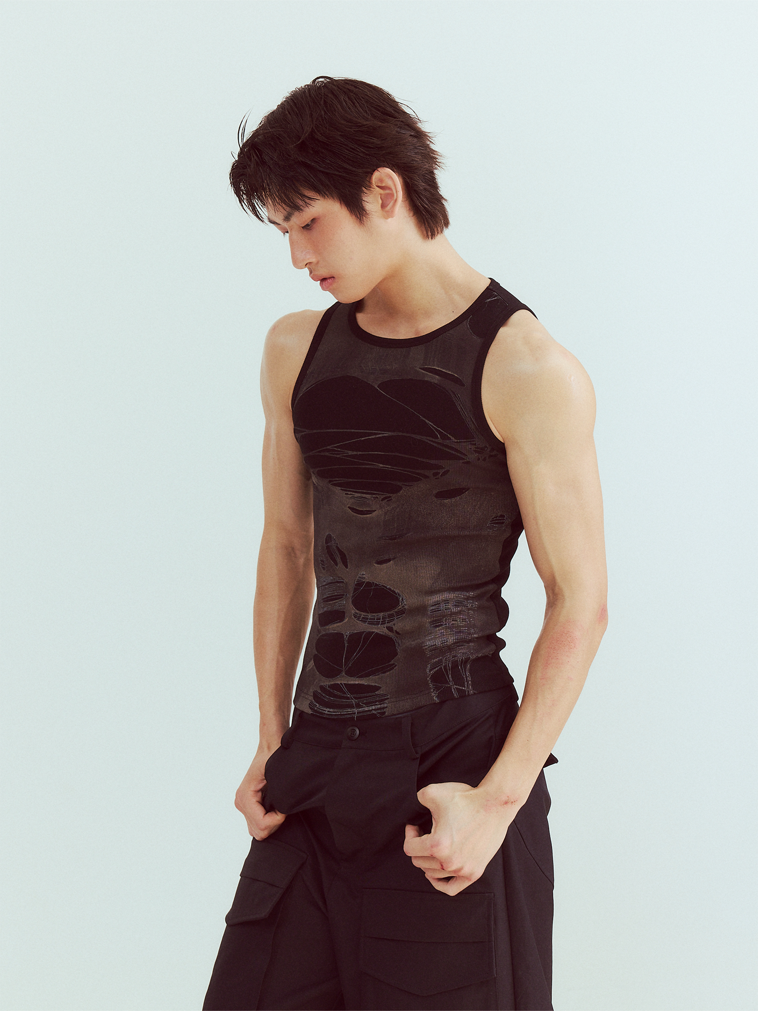 KADAKADA Distressed Graphic Ribbed Tank Top, premium urban and streetwear designers apparel on PROJECTISR.com, KADAKADA
