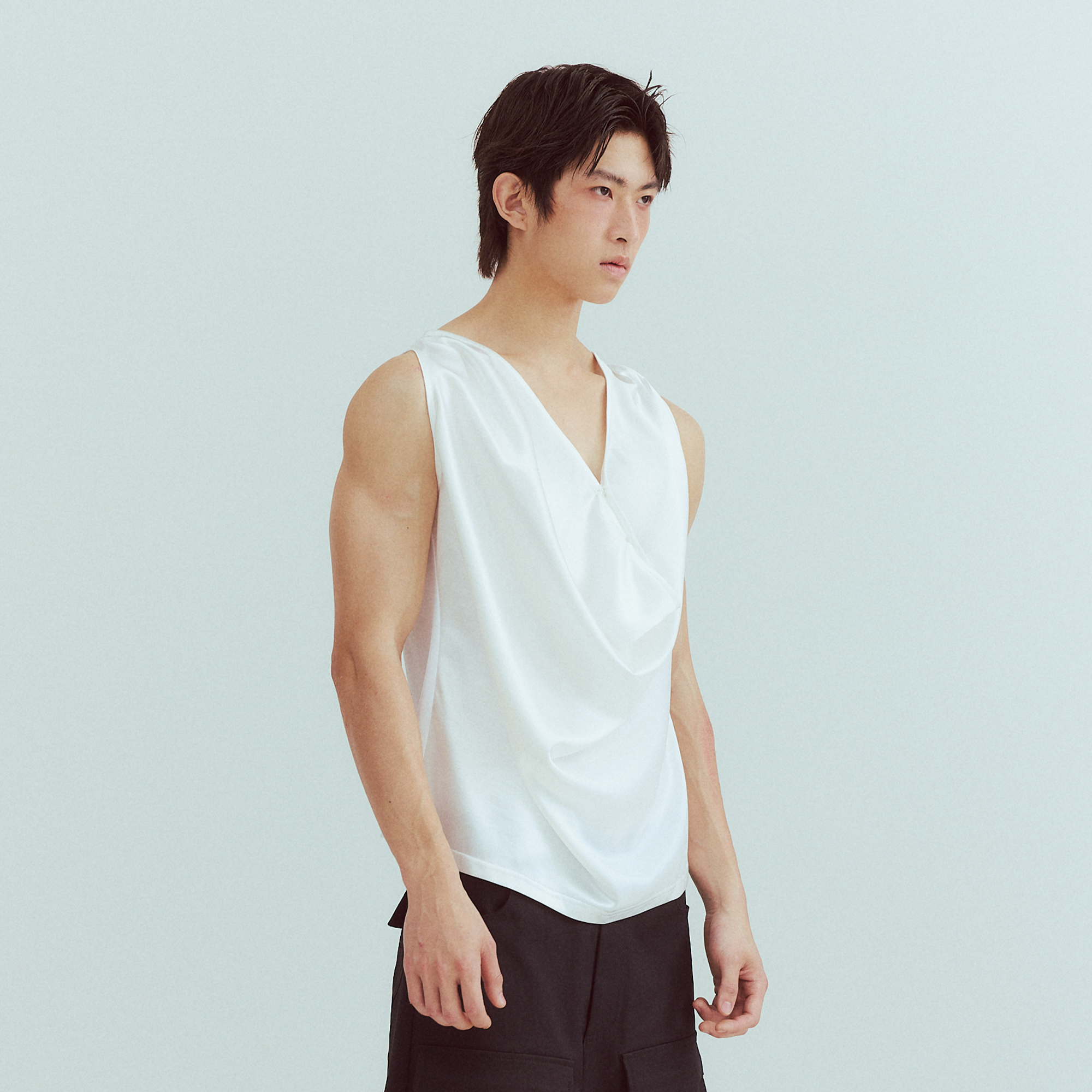 KADAKADA Pearl Sheen Deep V Draped Sleeveless Shirt, premium urban and streetwear designers apparel on PROJECTISR.com, KADAKADA