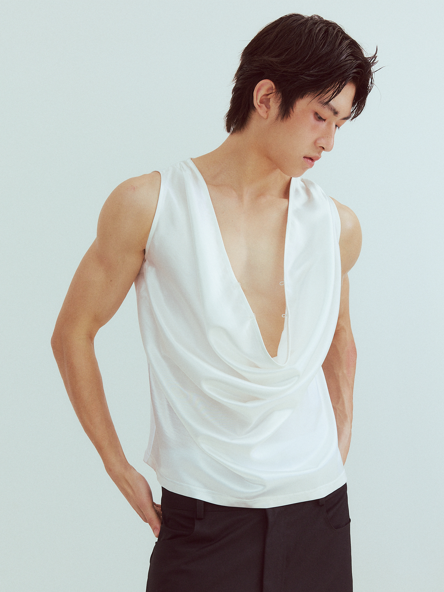 KADAKADA Pearl Sheen Deep V Draped Sleeveless Shirt, premium urban and streetwear designers apparel on PROJECTISR.com, KADAKADA