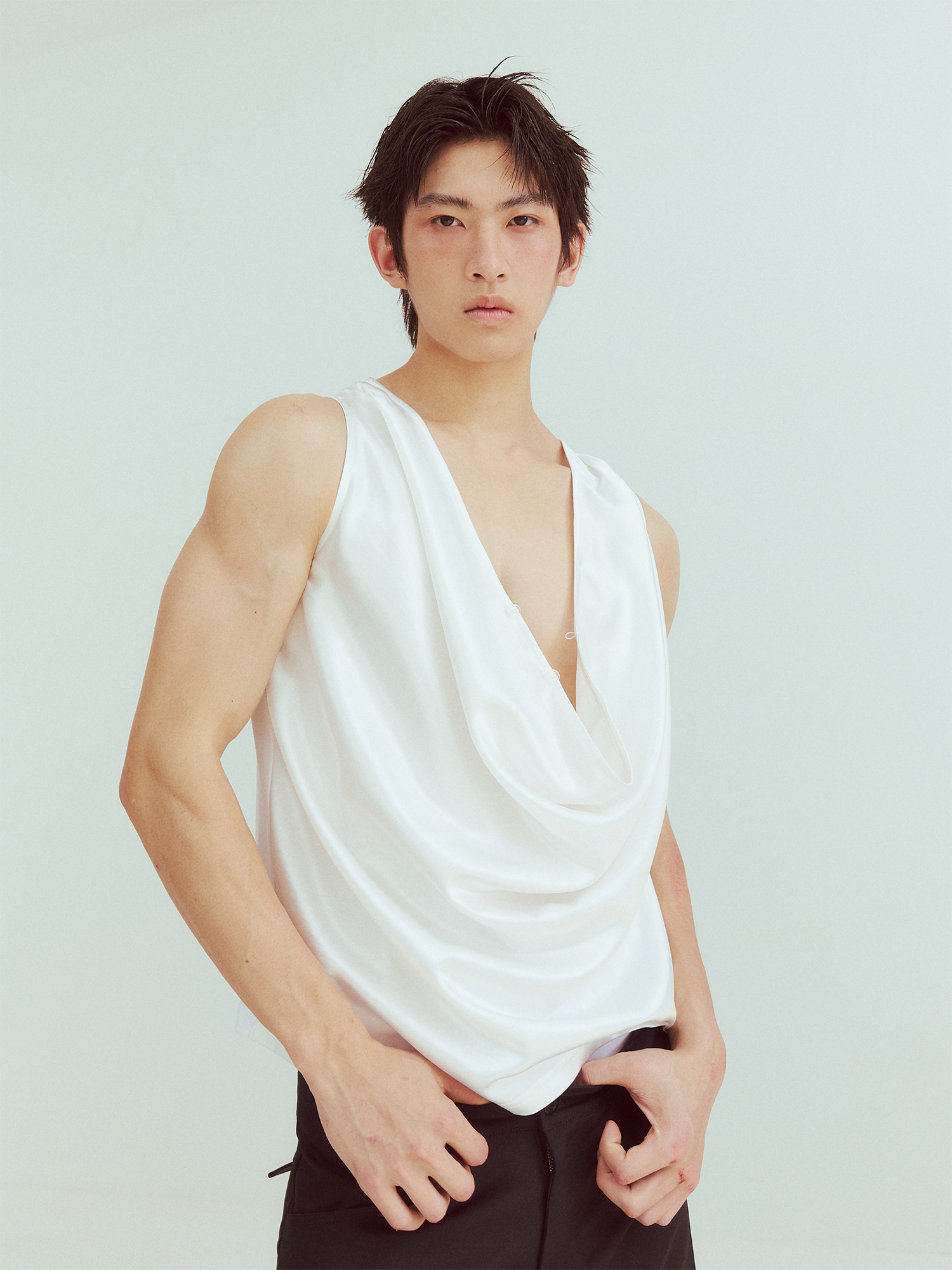 KADAKADA Pearl Sheen Deep V Draped Sleeveless Shirt, premium urban and streetwear designers apparel on PROJECTISR.com, KADAKADA