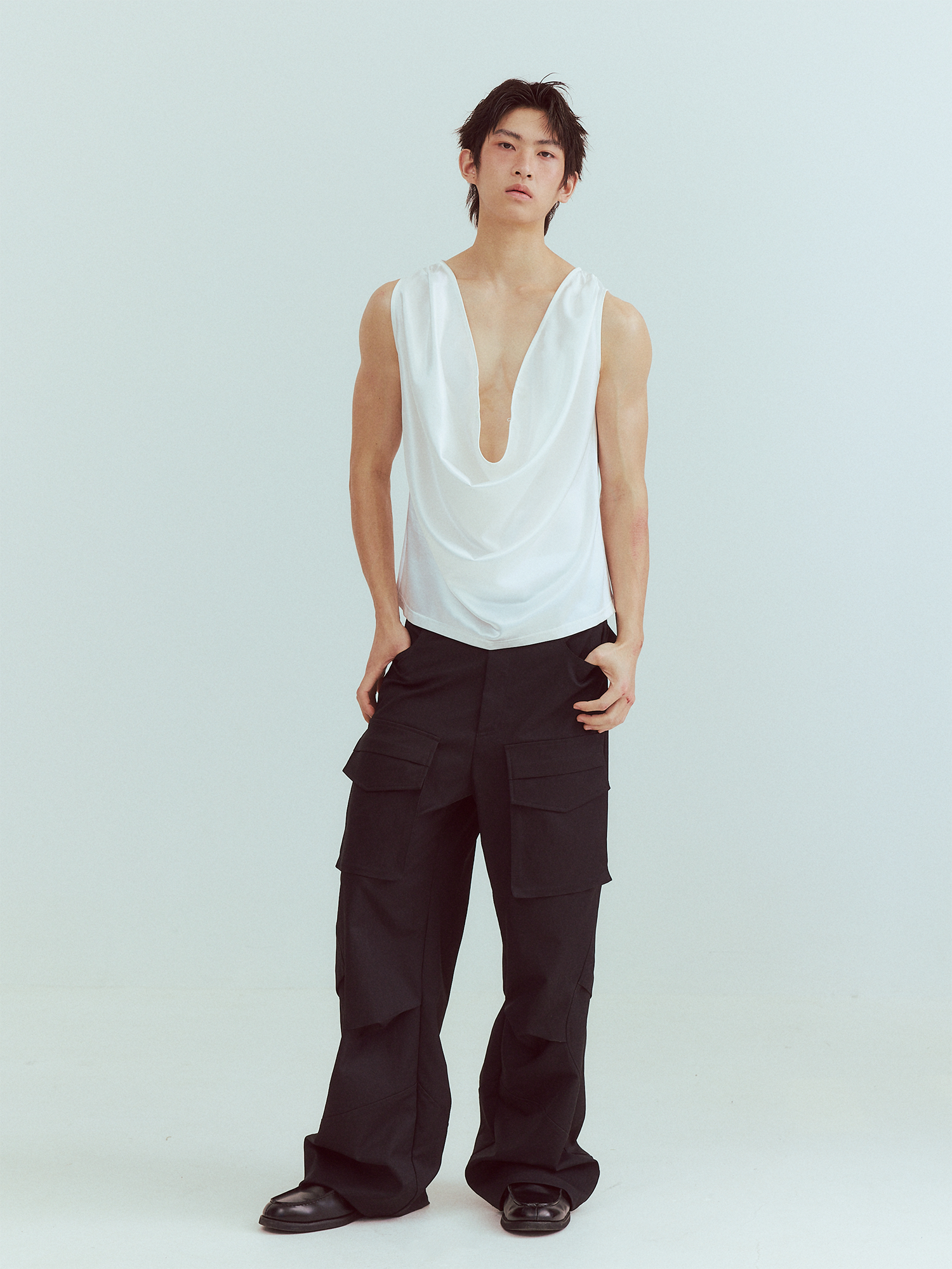 KADAKADA Pearl Sheen Deep V Draped Sleeveless Shirt, premium urban and streetwear designers apparel on PROJECTISR.com, KADAKADA