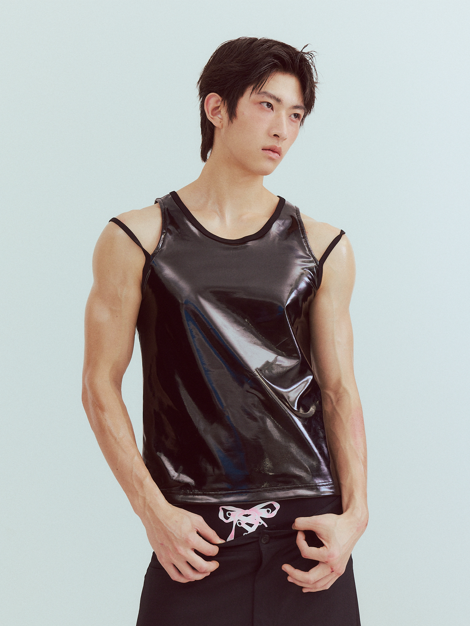 KADAKADA Patent Shine Layered Strap Ribbed Tank Top, premium urban and streetwear designers apparel on PROJECTISR.com, KADAKADA
