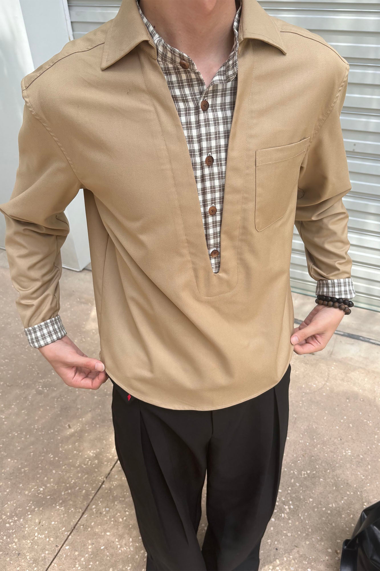 KREATE Faux Layered Plaid V-Neck Shirt, premium urban and streetwear designers apparel on PROJECTISR.com, KREATE