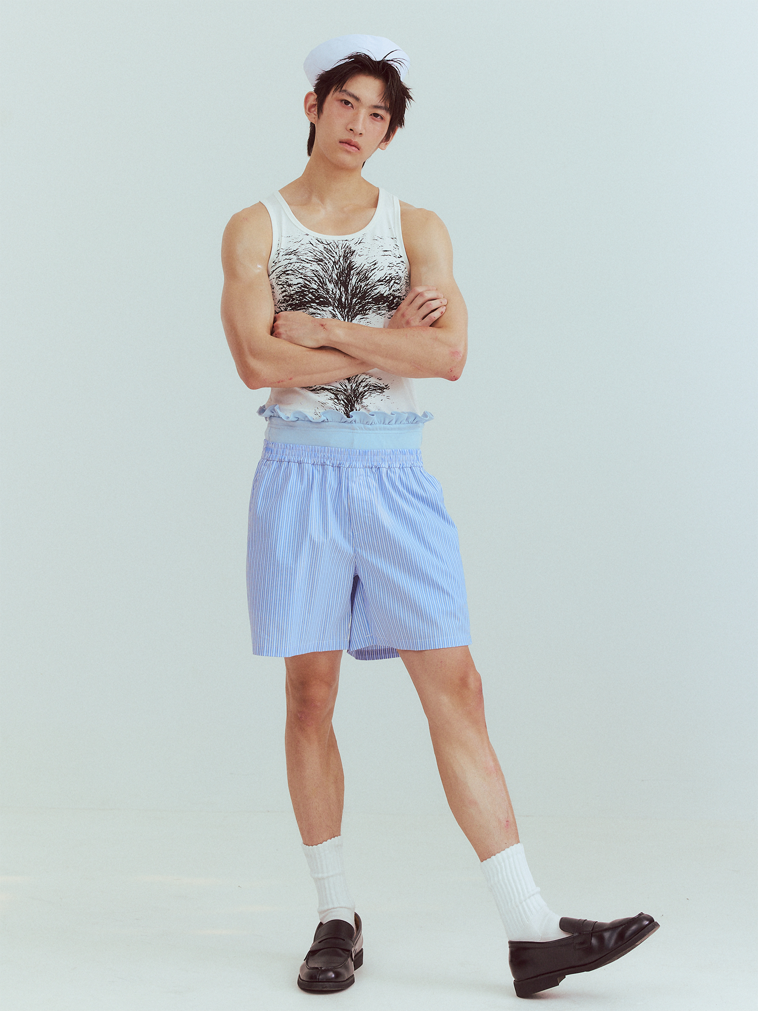 KADAKADA Retro Striped Ruffle-Waist Layered Shorts, premium urban and streetwear designers apparel on PROJECTISR.com, KADAKADA