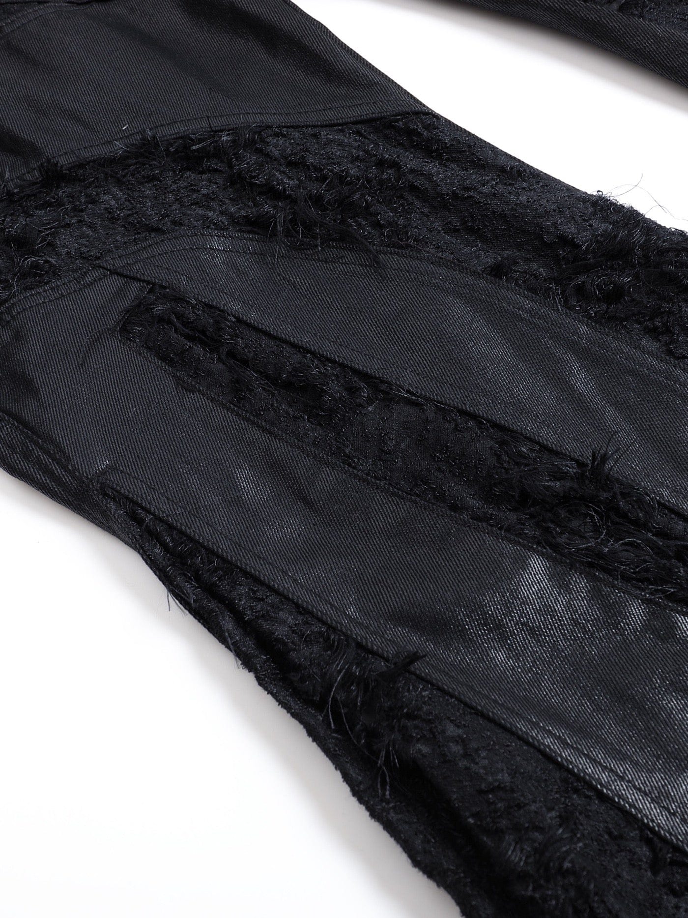 DND4DES Raw-Edge Spliced Flared Waxed Jeans, premium urban and streetwear designers apparel on PROJECTISR.com, DND4DES