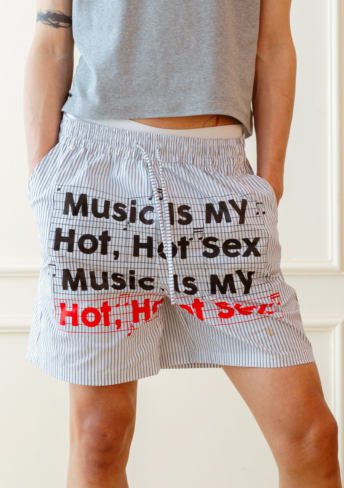 KADAKADA Stripe Slogan Graphic Lounge Shorts, premium urban and streetwear designers apparel on PROJECTISR.com, KADAKADA