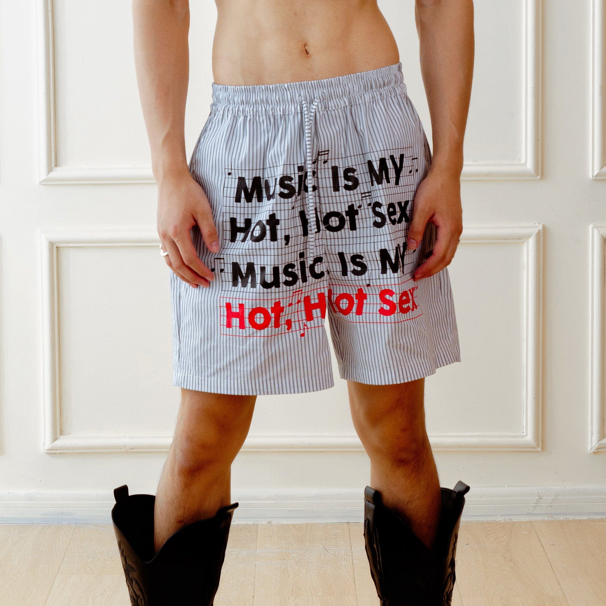 KADAKADA Stripe Slogan Graphic Lounge Shorts, premium urban and streetwear designers apparel on PROJECTISR.com, KADAKADA