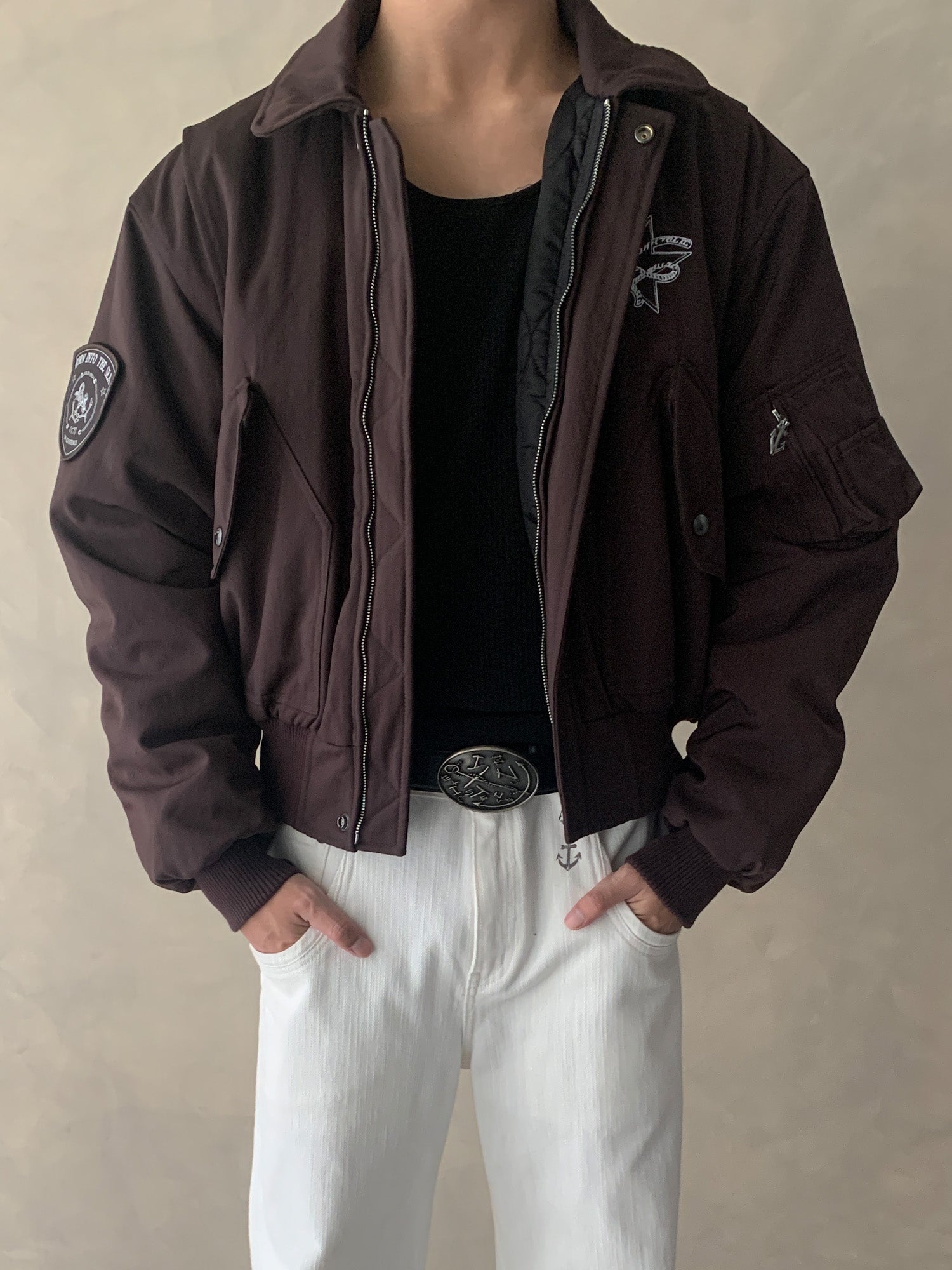 IN EXISTENCE Anchor Zip Embroidered Patch Bomber