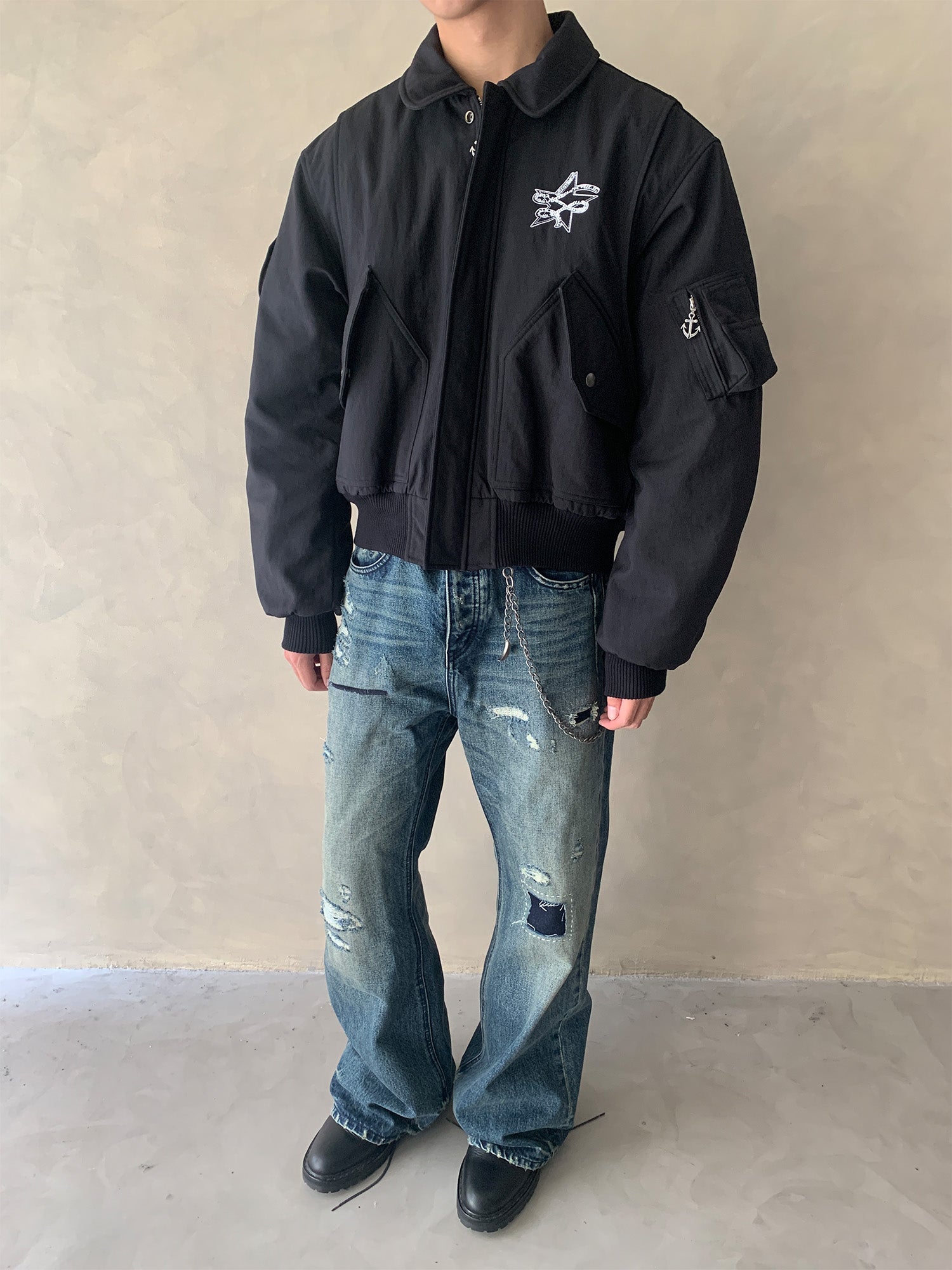 IN EXISTENCE Anchor Zip Embroidered Patch Bomber