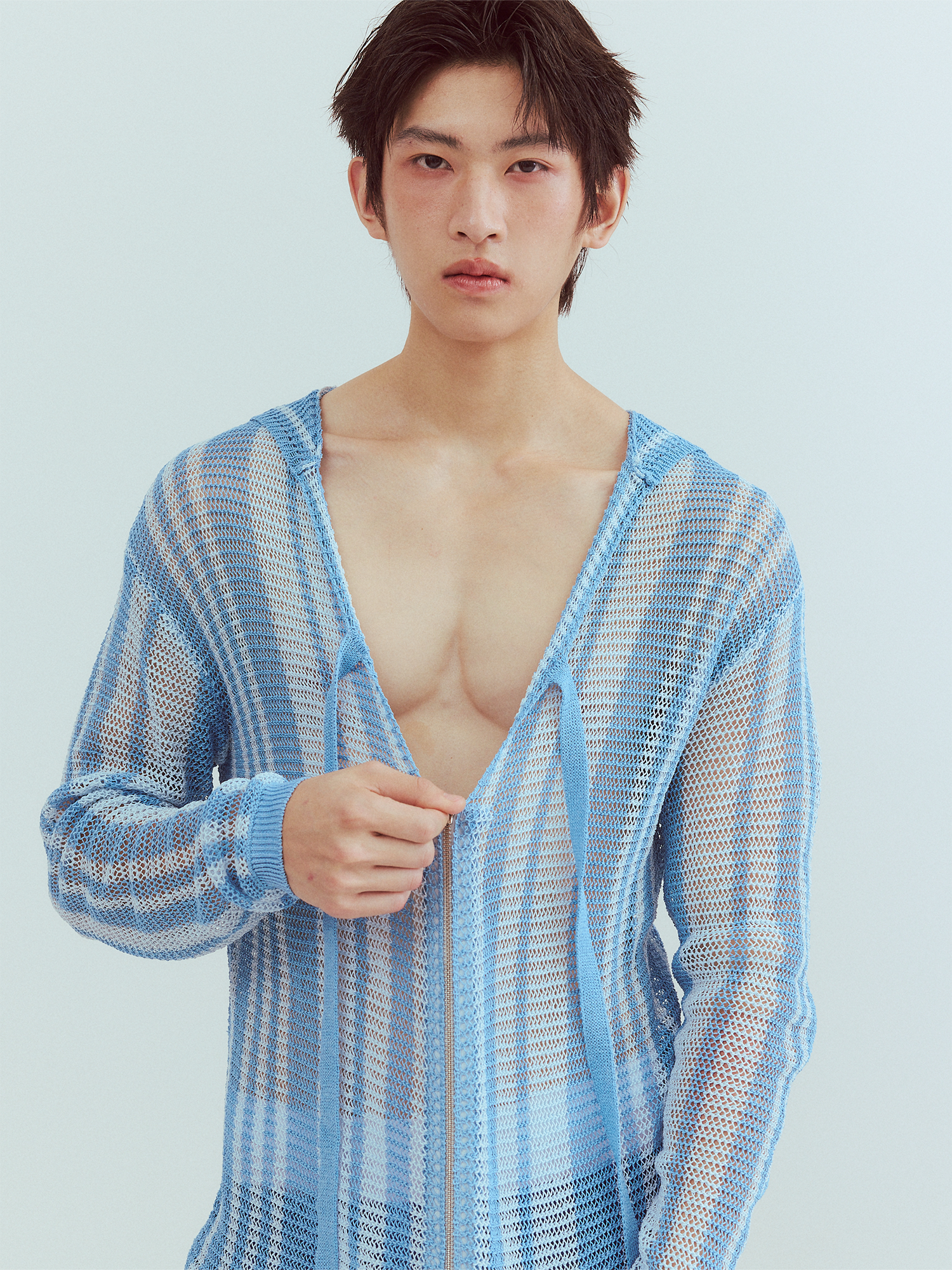 KADAKADA Striped Open-Knit Deep V Hooded Sweater, premium urban and streetwear designers apparel on PROJECTISR.com, KADAKADA