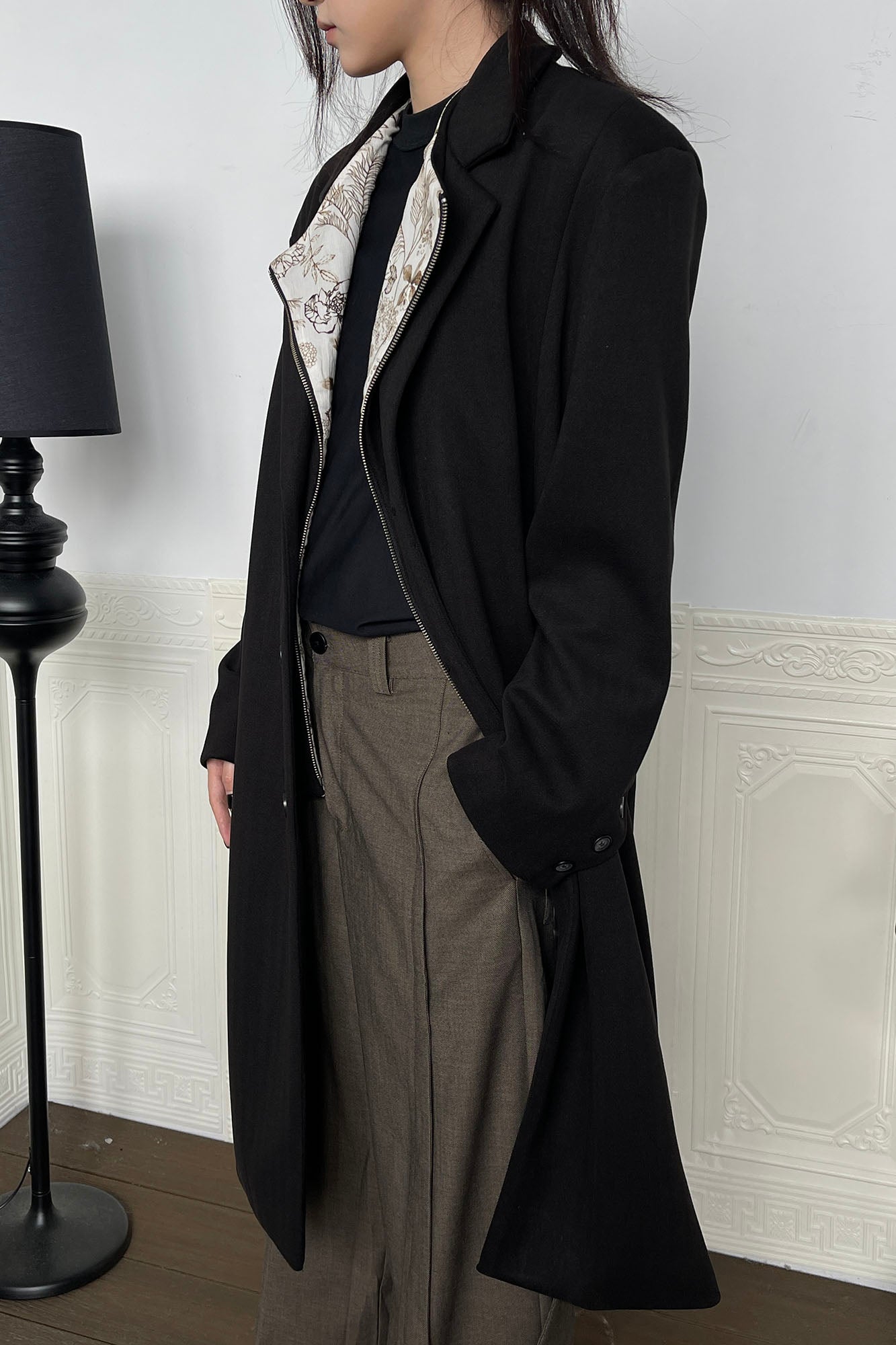 OKAYTHXBYE Convertible Jacquard Zip-Lapel Long Coat, premium urban and streetwear designers apparel on PROJECTISR.com, OKAYTHXBYE