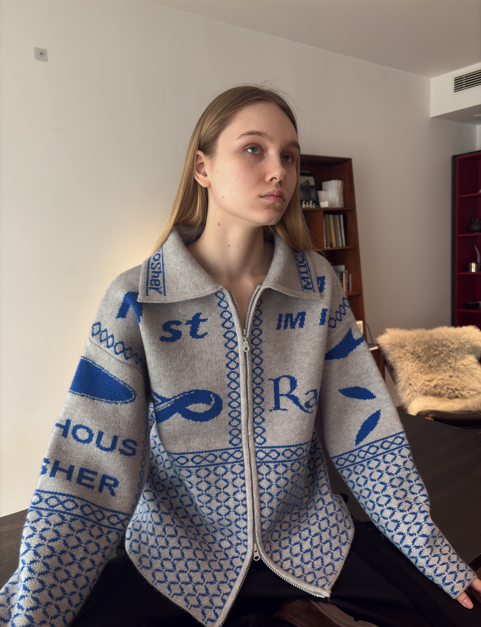 MIICHOUS Racer Geometric Jacquard Zip-Up Cardigan