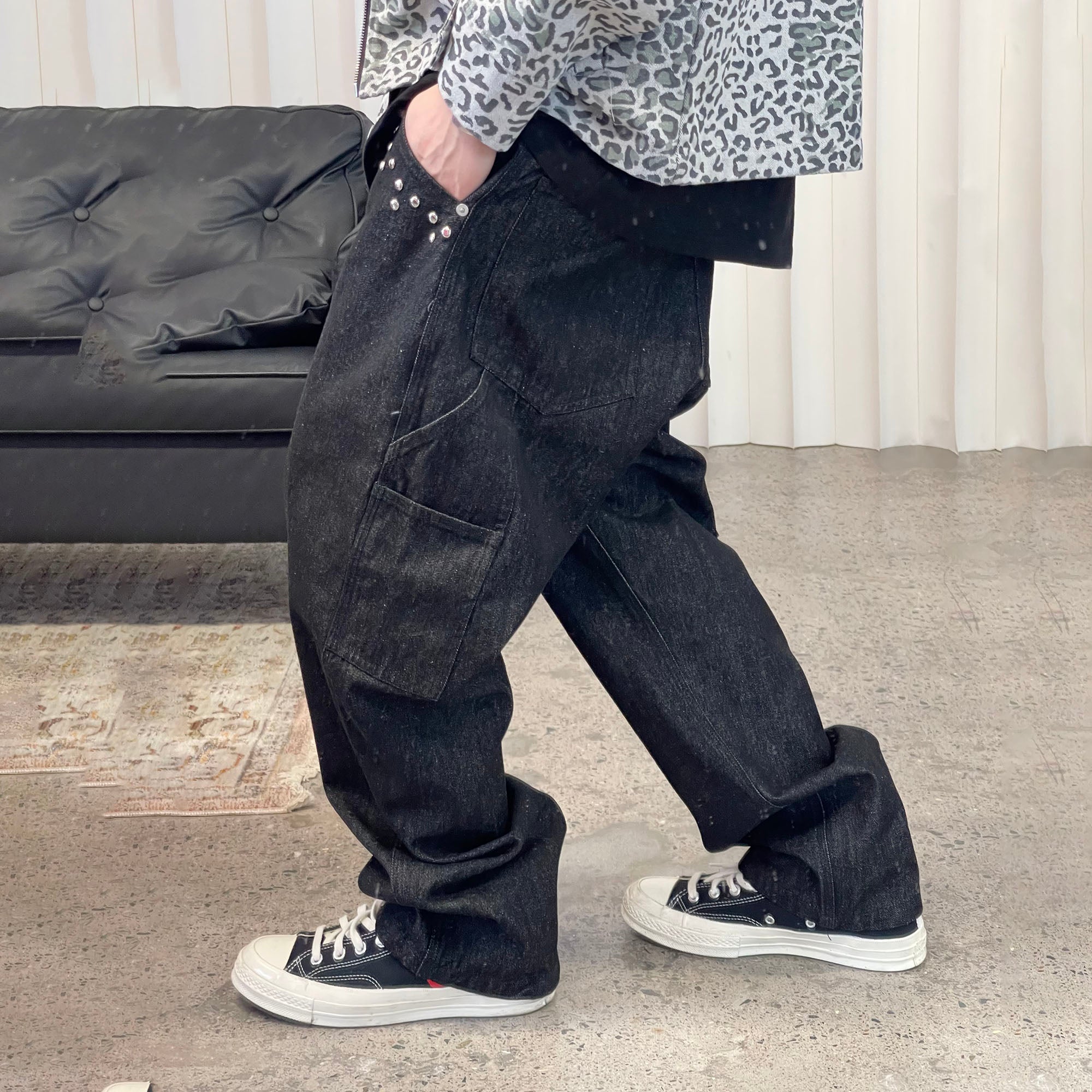 ME DA IGUAL Studded Wide-Leg Denim Pants, premium urban and streetwear designers apparel on PROJECTISR.com, ME DA IGUAL