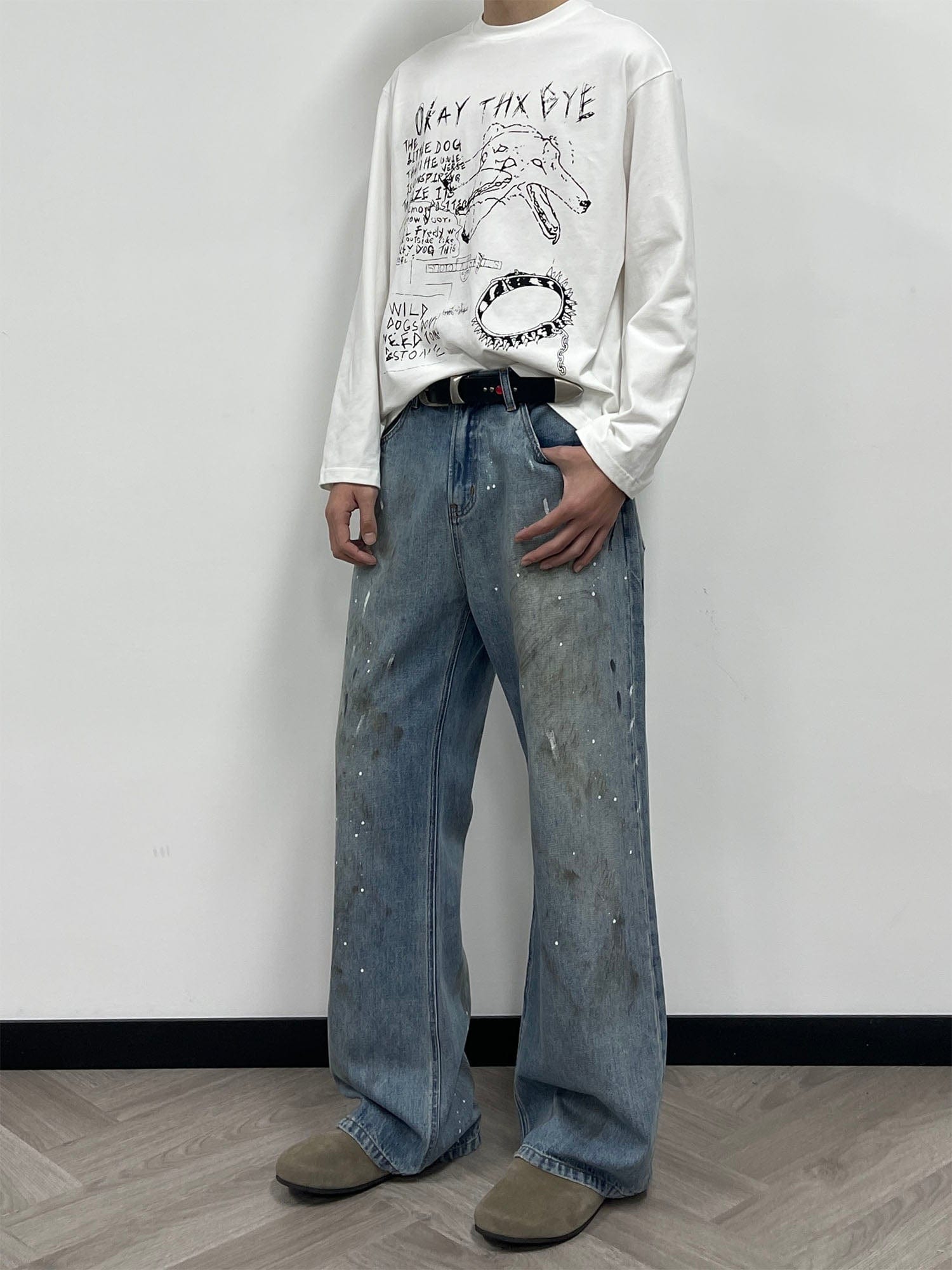 OKAYTHXBYE Paint-Splattered Distressed Jeans