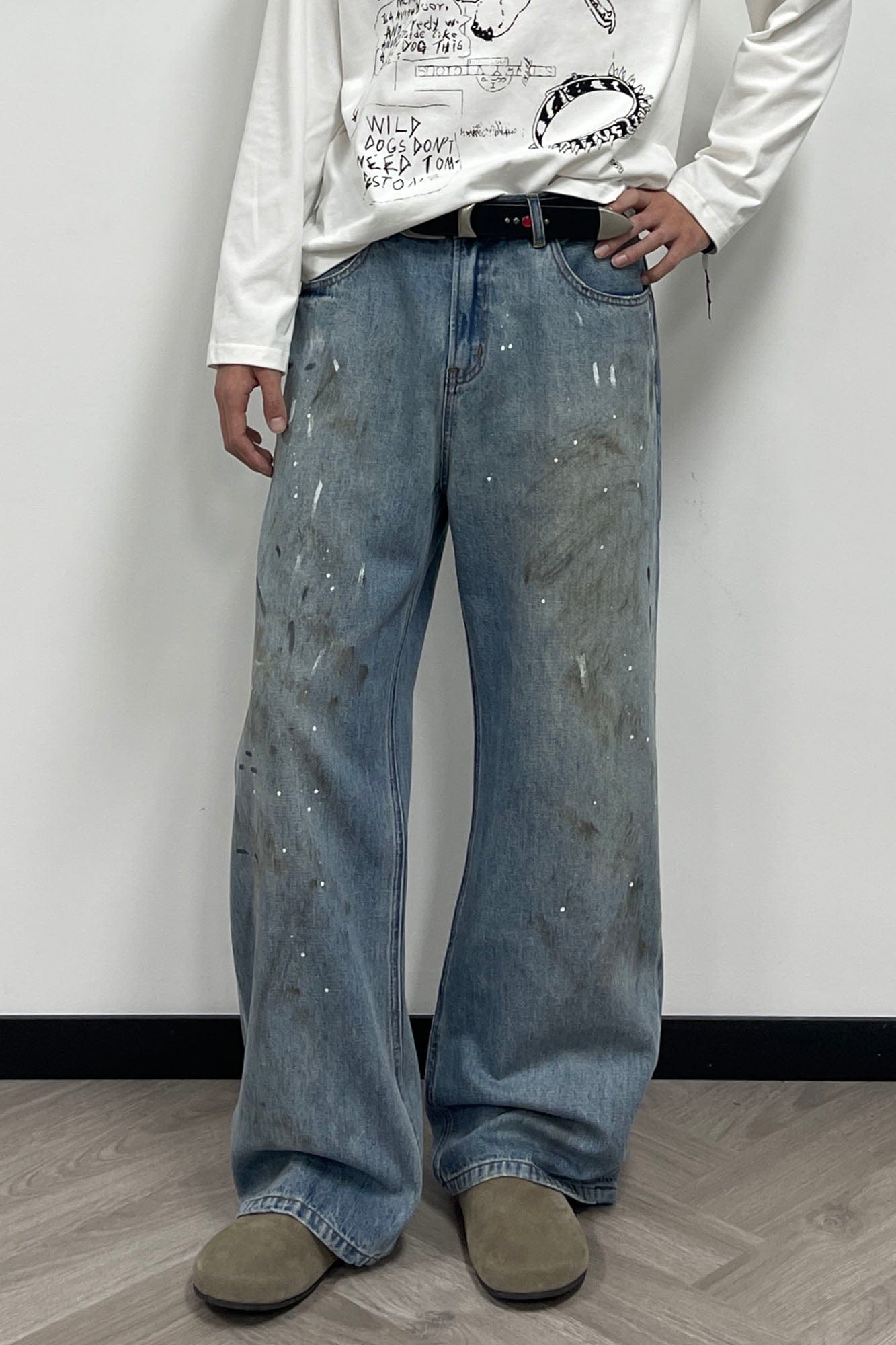 OKAYTHXBYE Paint-Splattered Distressed Jeans