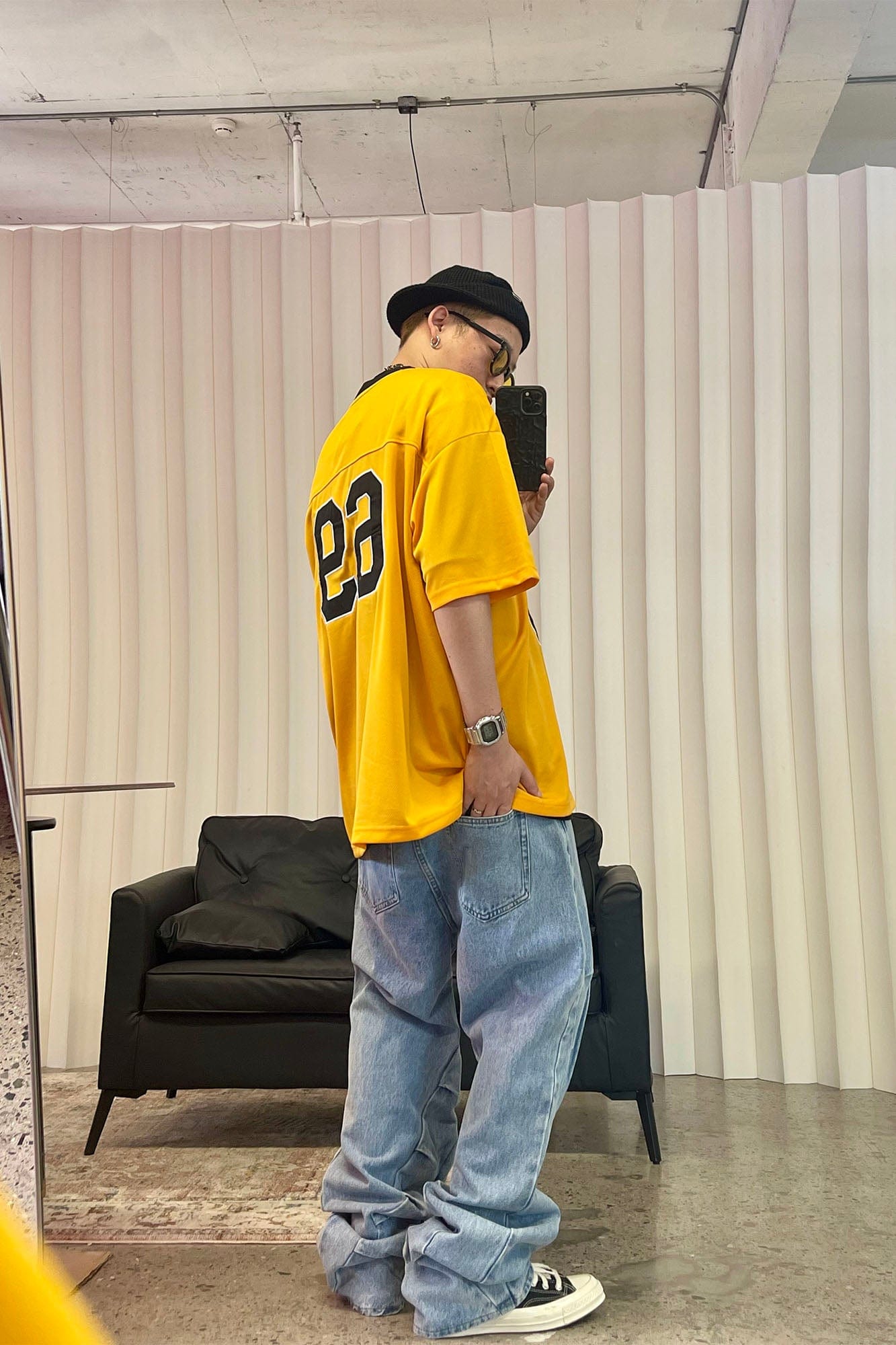ME DA IGUAL Deconstructed Washed Ruched Jeans, premium urban and streetwear designers apparel on PROJECTISR.com, ME DA IGUAL