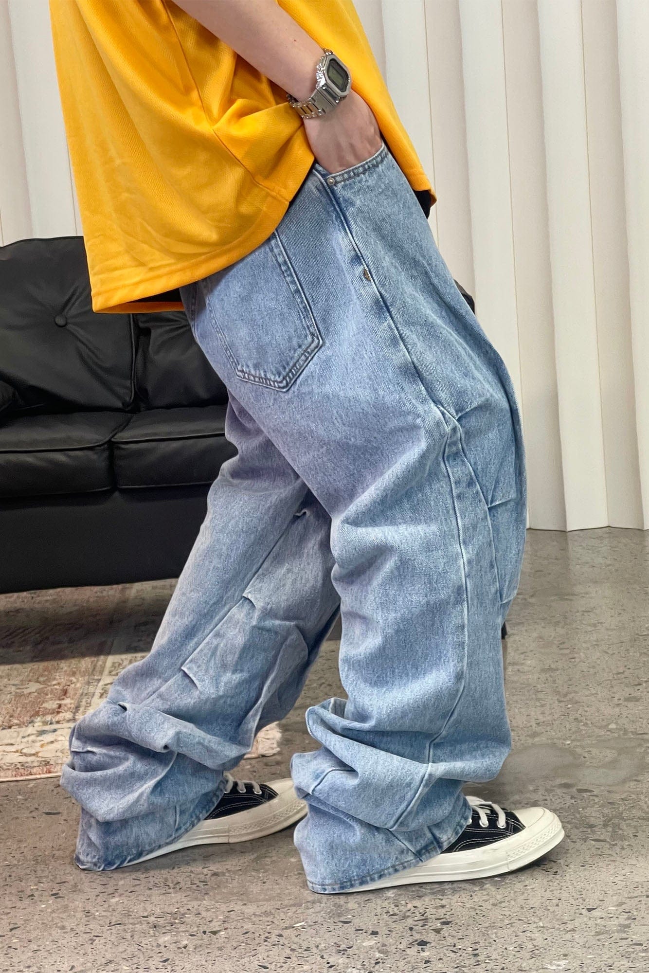 ME DA IGUAL Deconstructed Washed Ruched Jeans, premium urban and streetwear designers apparel on PROJECTISR.com, ME DA IGUAL