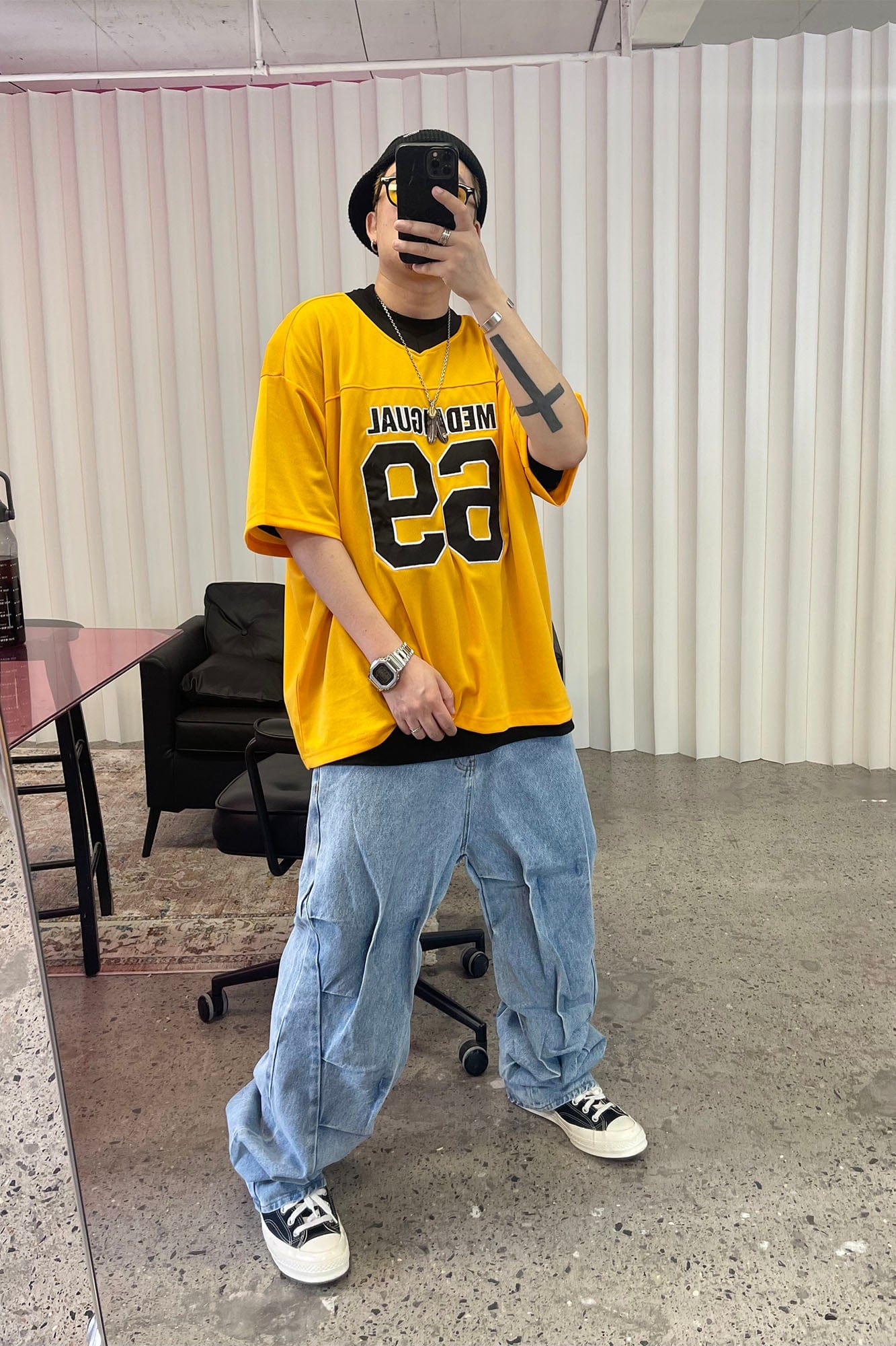 ME DA IGUAL Deconstructed Washed Ruched Jeans, premium urban and streetwear designers apparel on PROJECTISR.com, ME DA IGUAL